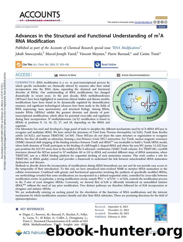 Advances in the Structural and Functional Understanding of m1A RNA Modification by Jakub Smoczynski Marcel-Joseph Yared Vincent Meynier Pierre Barraud & Carine Tisné