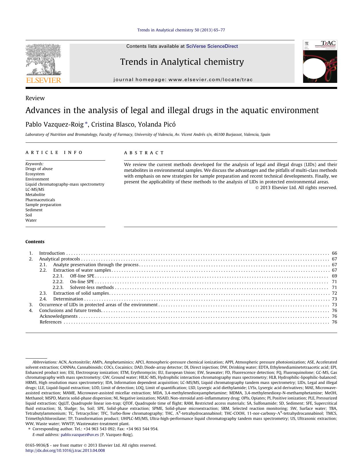 Advances in the analysis of legal and illegal drugs in the aquatic environment by Pablo Vazquez-Roig & Cristina Blasco & Yolanda Picó