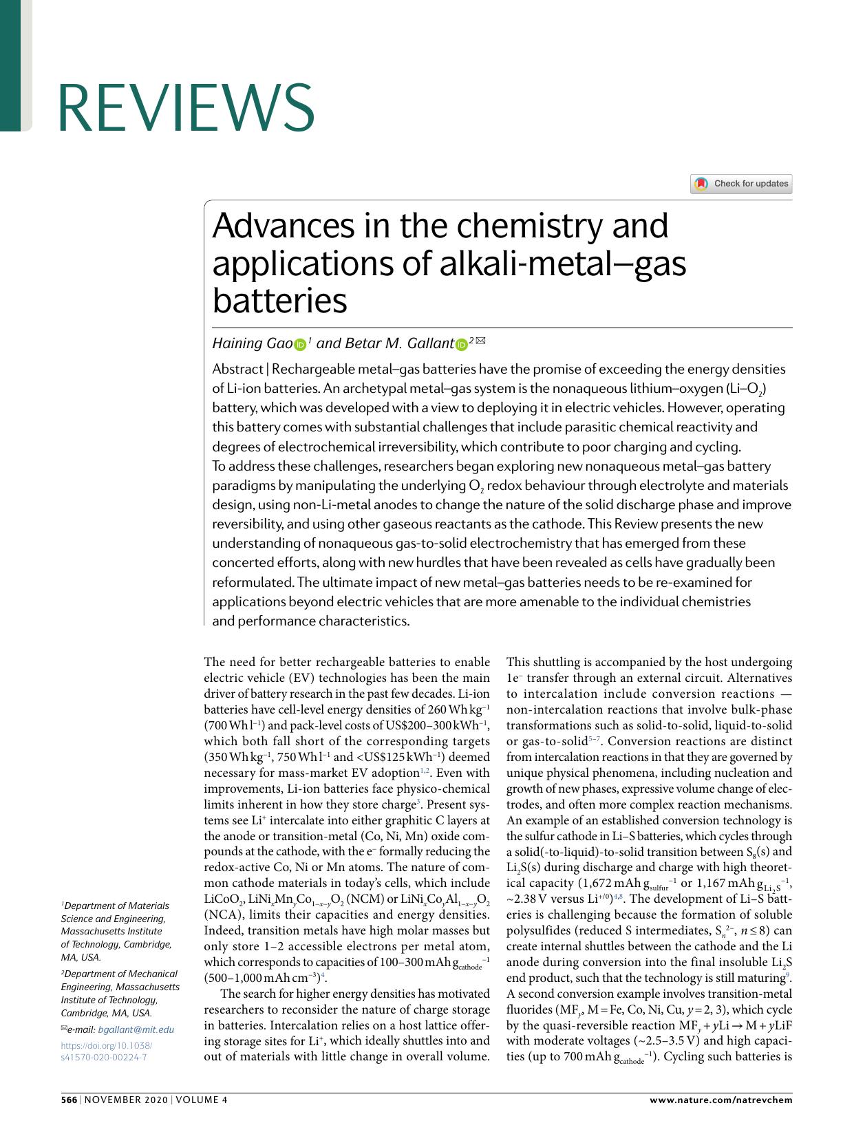 Advances in the chemistry and applications of alkali-metalâgas batteries by Haining Gao & Betar M. Gallant