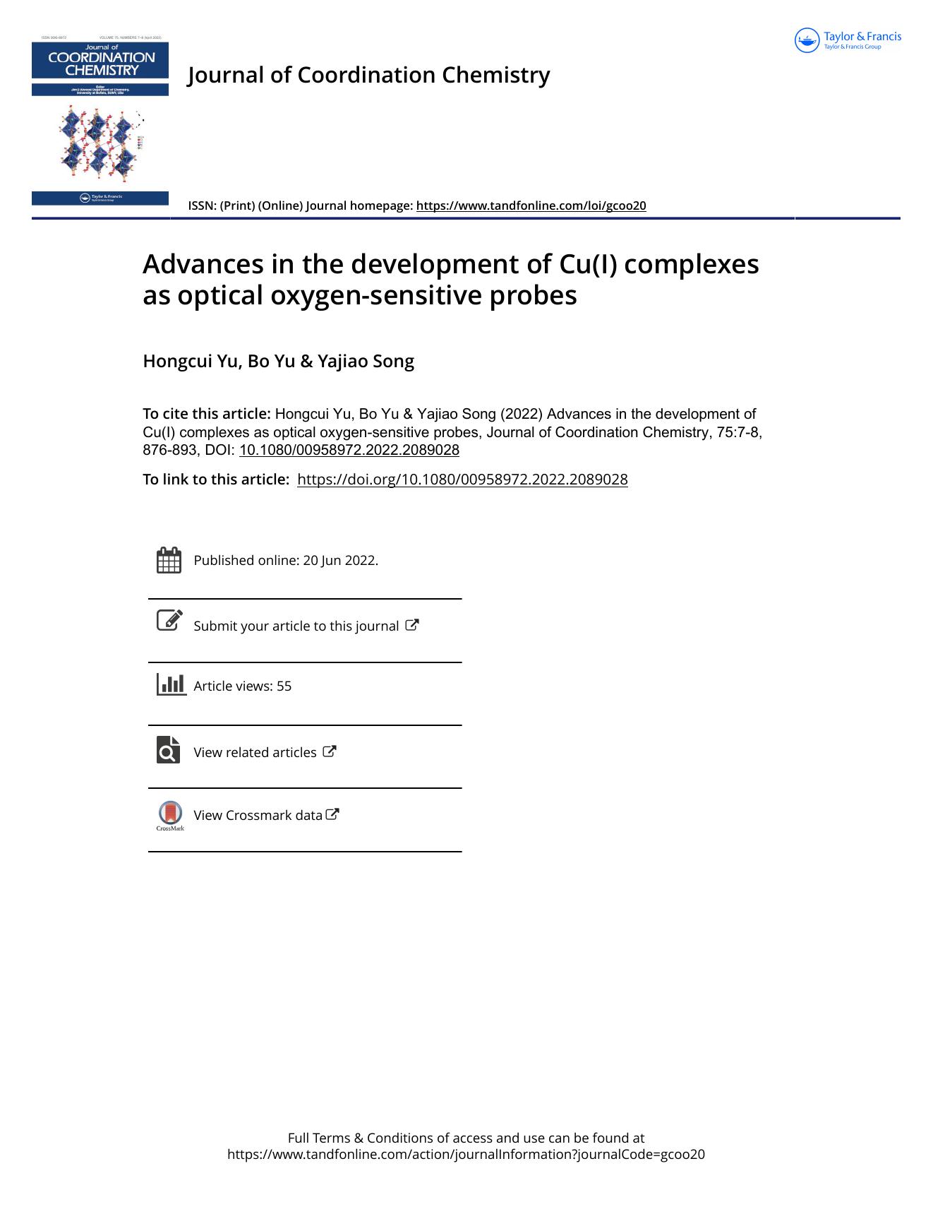 Advances in the development of Cu(I) complexes as optical oxygen-sensitive probes by Yu Hongcui & Yu Bo & Song Yajiao