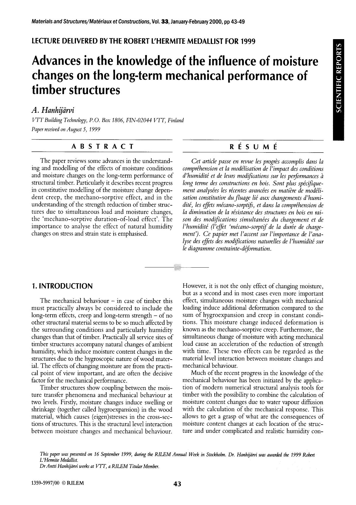 Advances in the knowledge of the influence of moisture changes on the long-term mechanical performance of timber structures by Unknown