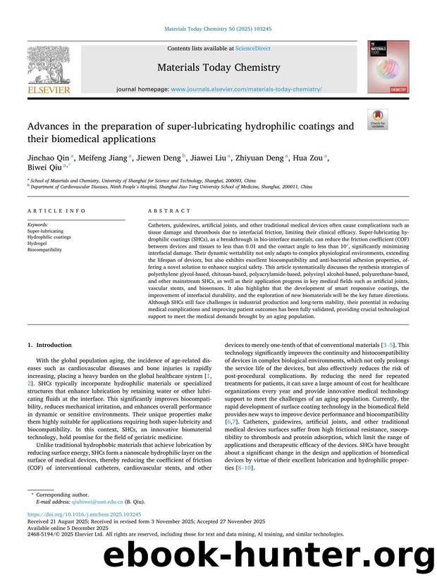 Advances in the preparation of super-lubricating hydrophilic coatings and their biomedical applications by Jinchao Qin & Meifeng Jiang & Jiewen Deng & Jiawei Liu & Zhiyuan Deng & Hua Zou & Biwei Qiu