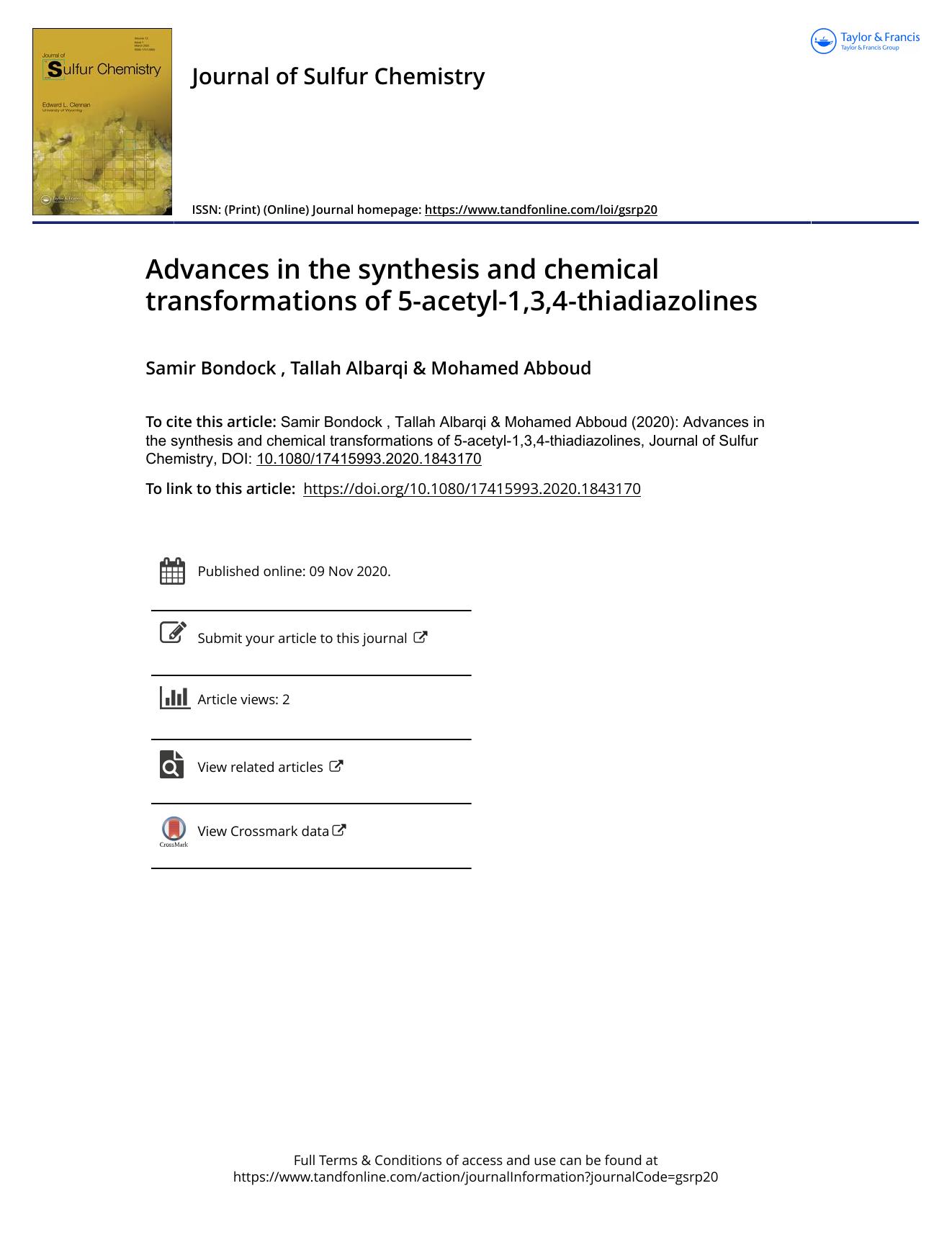 Advances in the synthesis and chemical transformations of 5-acetyl-1,3,4-thiadiazolines by Samir Bondock; Tallah Albarqi; Mohamed Abboud