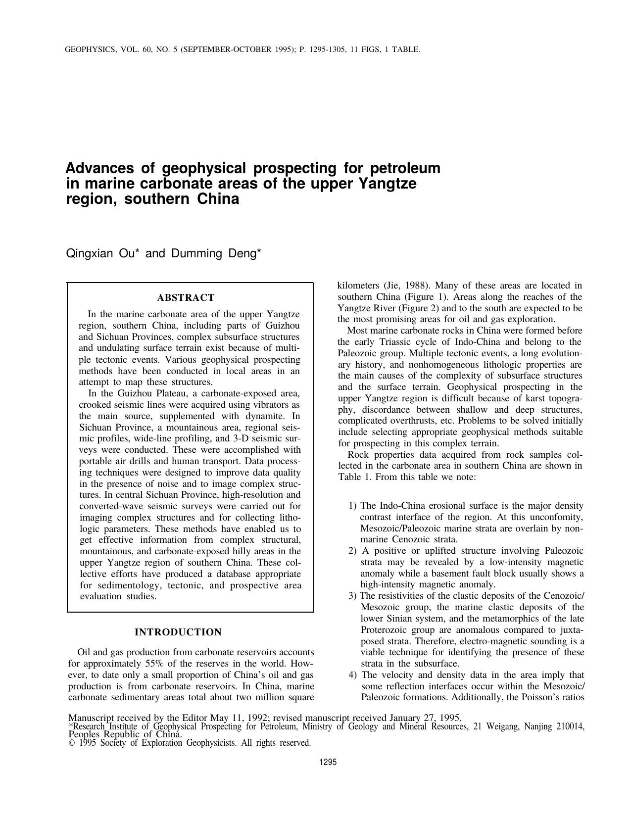 Advances of geophysical prospecting for petroleum in marine carbonate areas of the upper Yangtze region, southern China by Q. Ou D. Deng