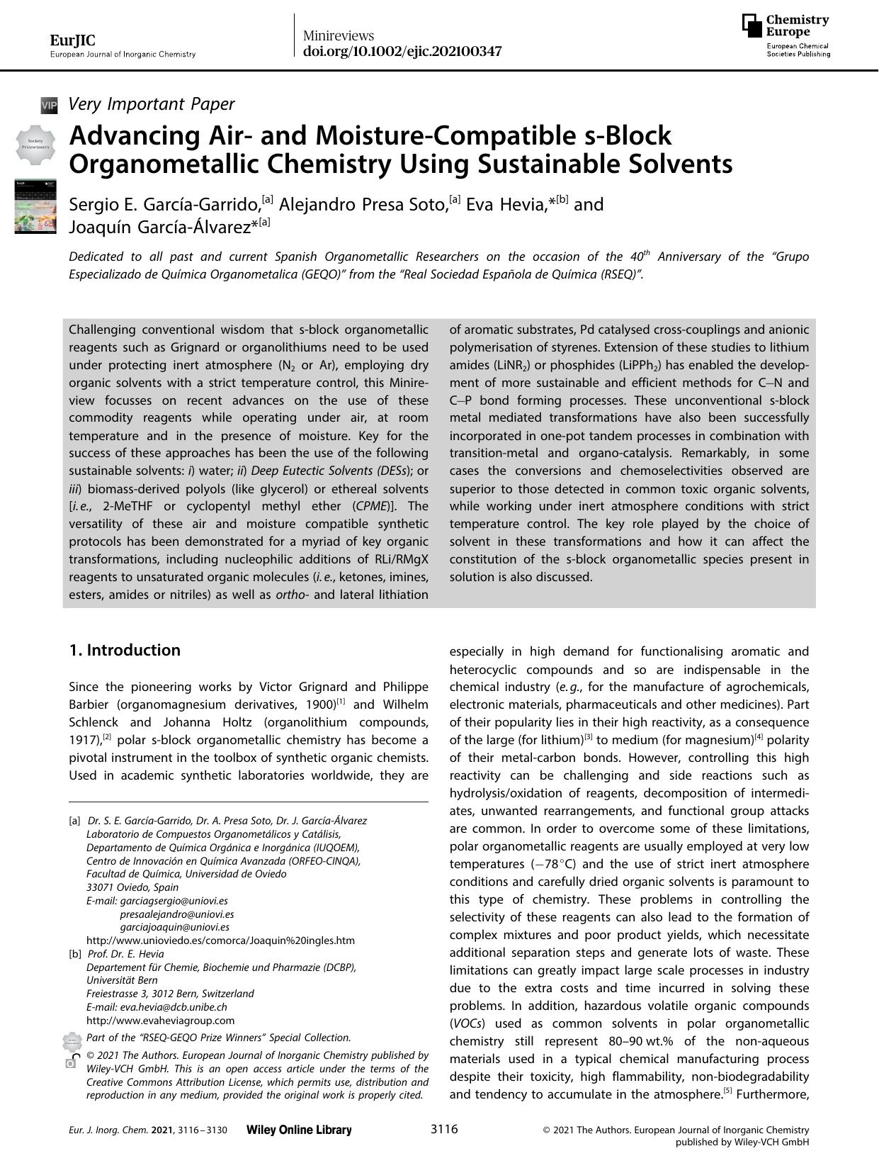 Advancing Airâ and MoistureâCompatible sâBlock Organometallic Chemistry Using Sustainable Solvents by Unknown