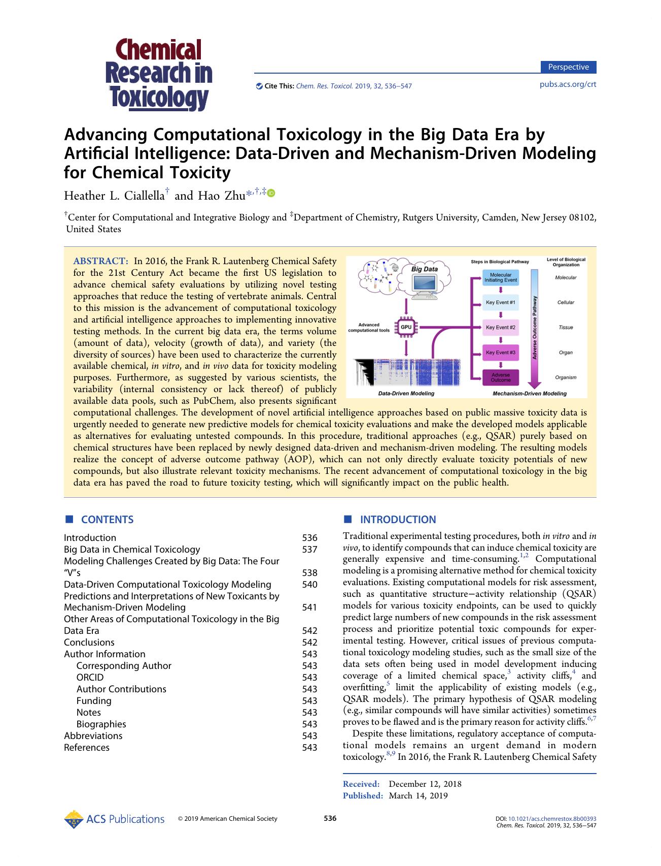 Advancing Computational Toxicology in the Big Data Era by Artificial Intelligence: Data-Driven and Mechanism-Driven Modeling for Chemical Toxicity by Heather L. Ciallella and Hao Zhu