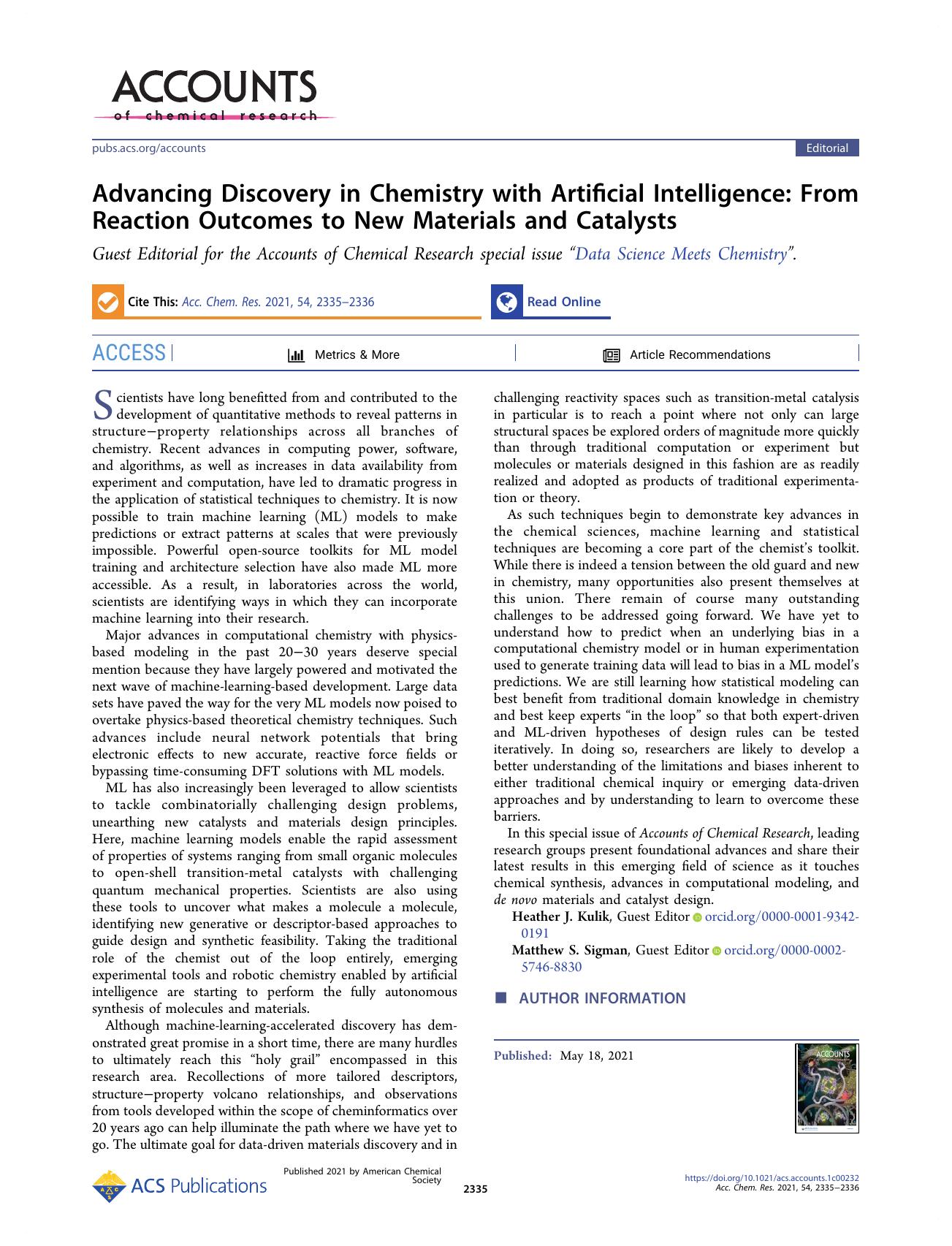Advancing Discovery in Chemistry with Artificial Intelligence: From Reaction Outcomes to New Materials and Catalysts by Heather J. Kulik and Matthew S. Sigman