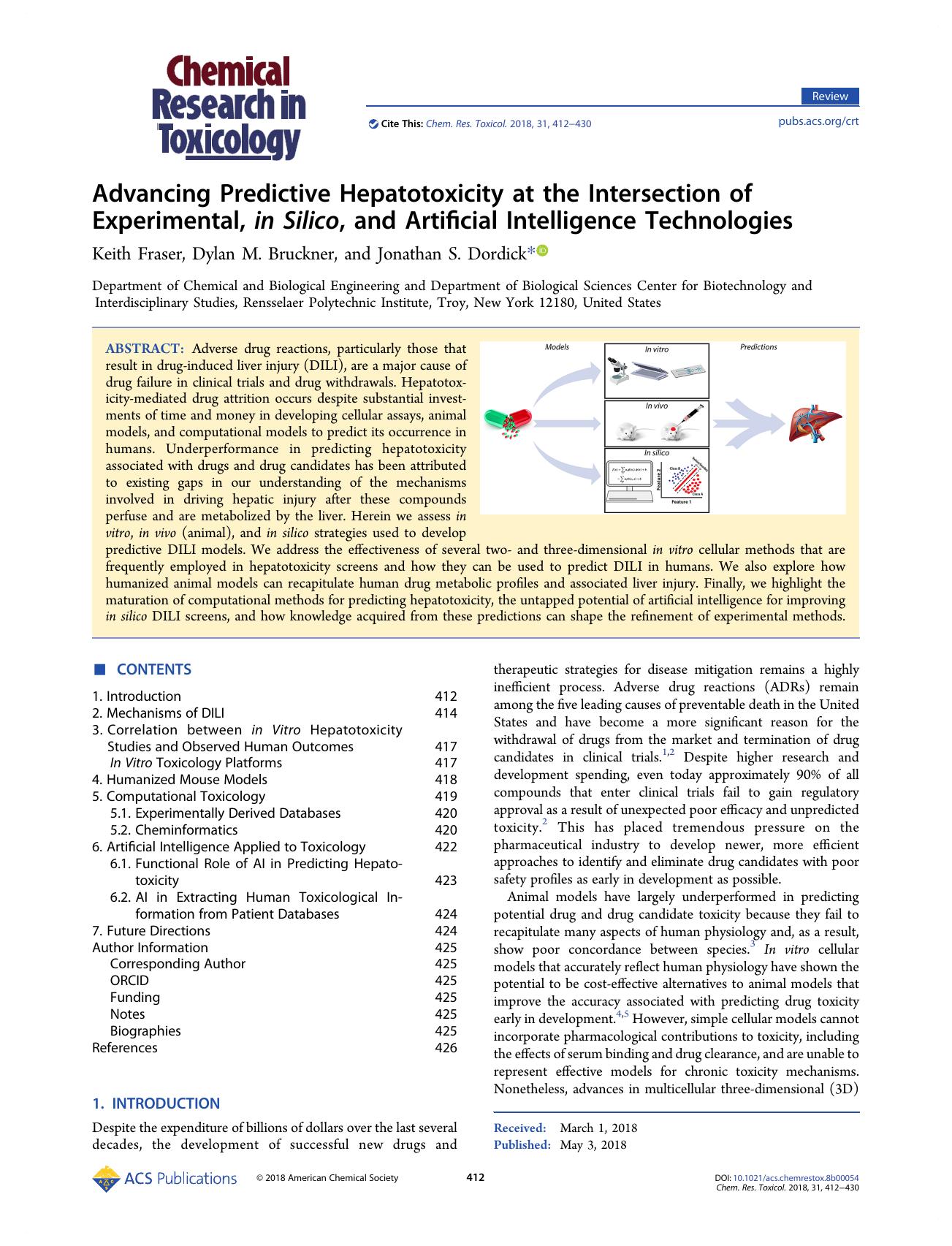Advancing Predictive Hepatotoxicity at the Intersection of Experimental, in Silico, and Artificial Intelligence Technologies by Keith Fraser Dylan M. Bruckner and Jonathan S. Dordick