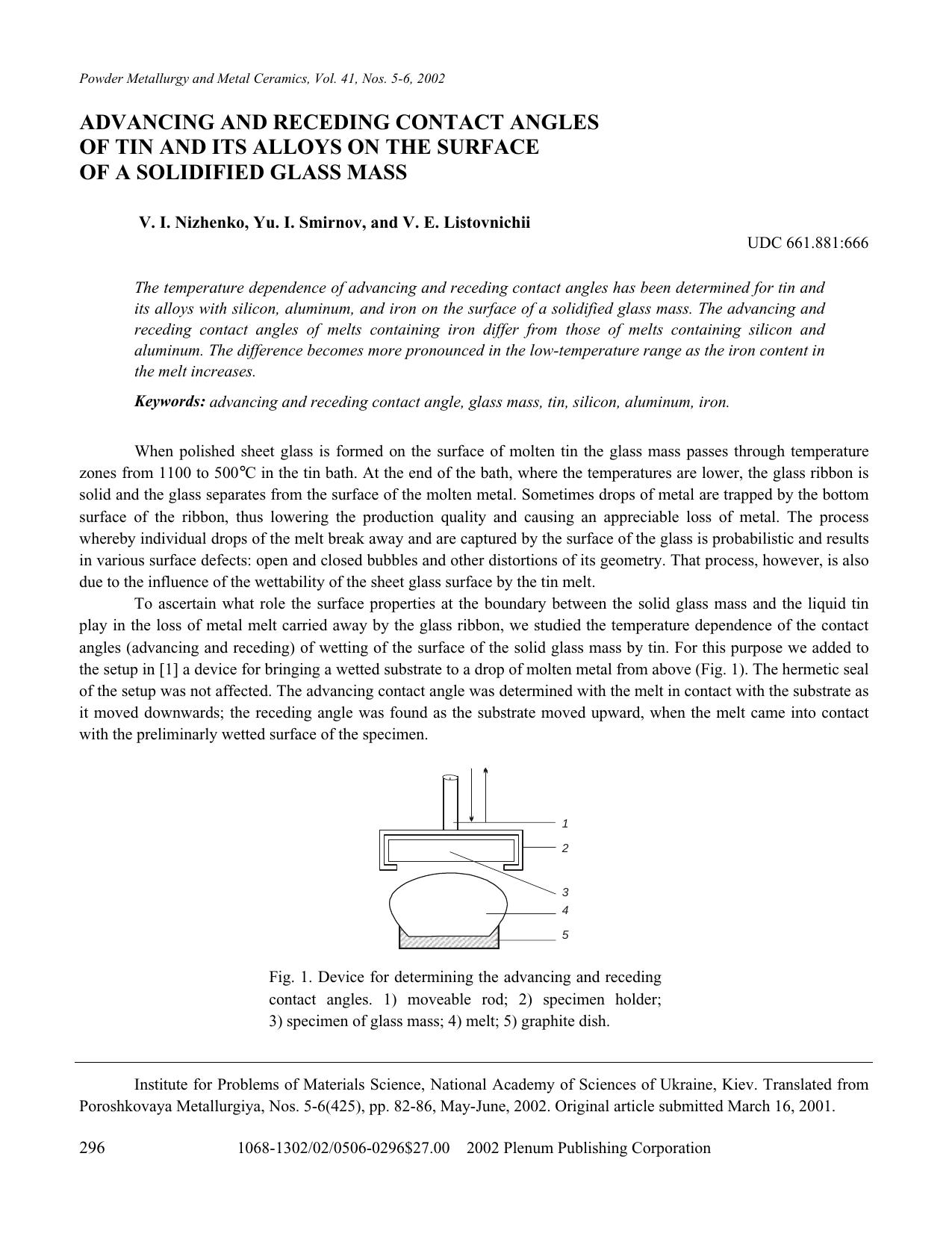 Advancing and Receding Contact Angles of Tin and Its Alloys on the Surface of a Solidified Glass Mass by Unknown