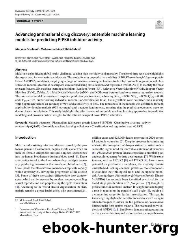 Advancing antimalarial drug discovery: ensemble machine learning models for predicting PfPK6 inhibitor activity by Maryam Gholami & Mohammad Asadollahi-Baboli