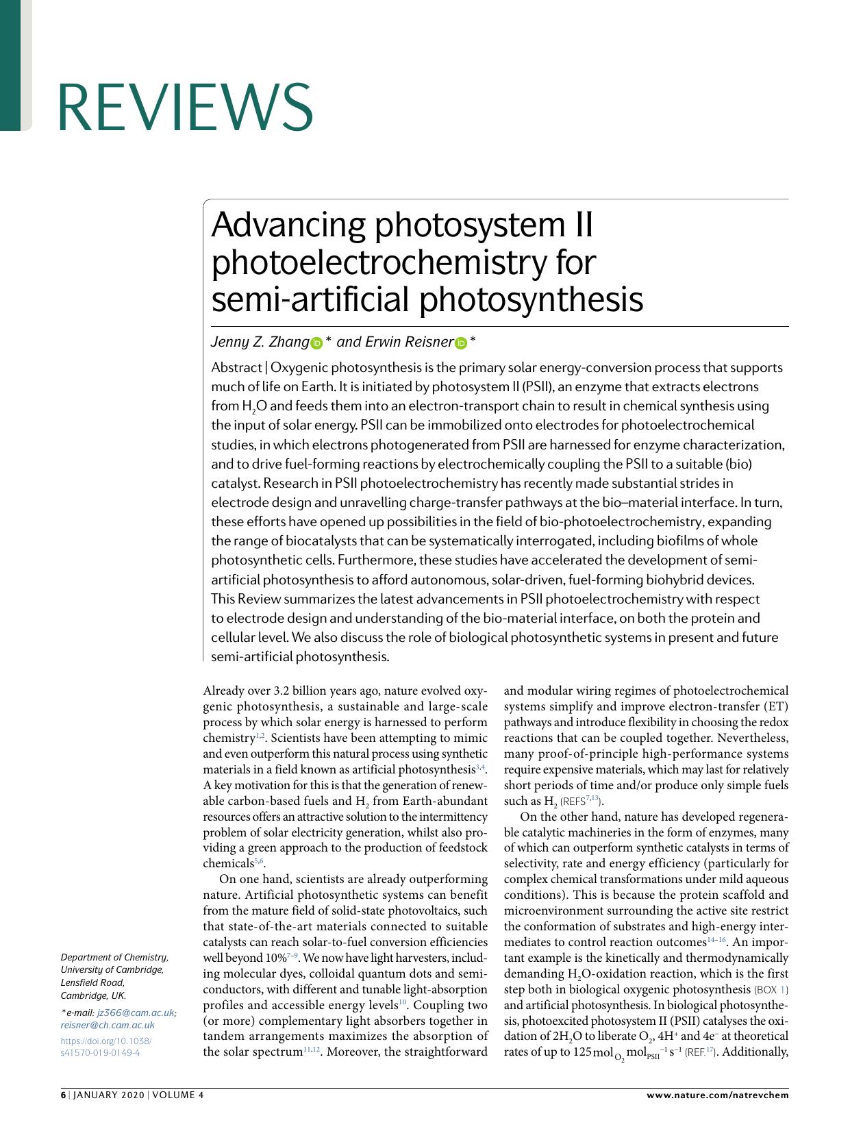 Advancing photosystem II photoelectrochemistry for semi-artificial photosynthesis by Jenny Z. Zhang & Erwin Reisner