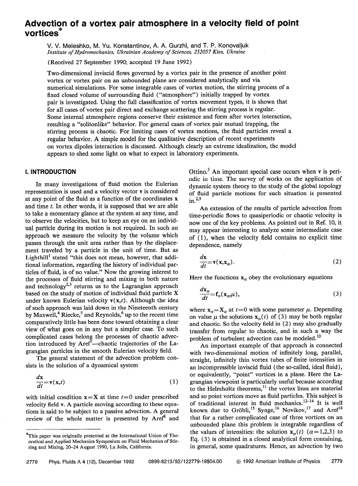 Advection of a vortex pair atmosphere in a velocity field of point vortices* by V. V. Meleshko; M. Yu. Konstantinov; A. A. Gurzhi; T. P. Konovaljuk
