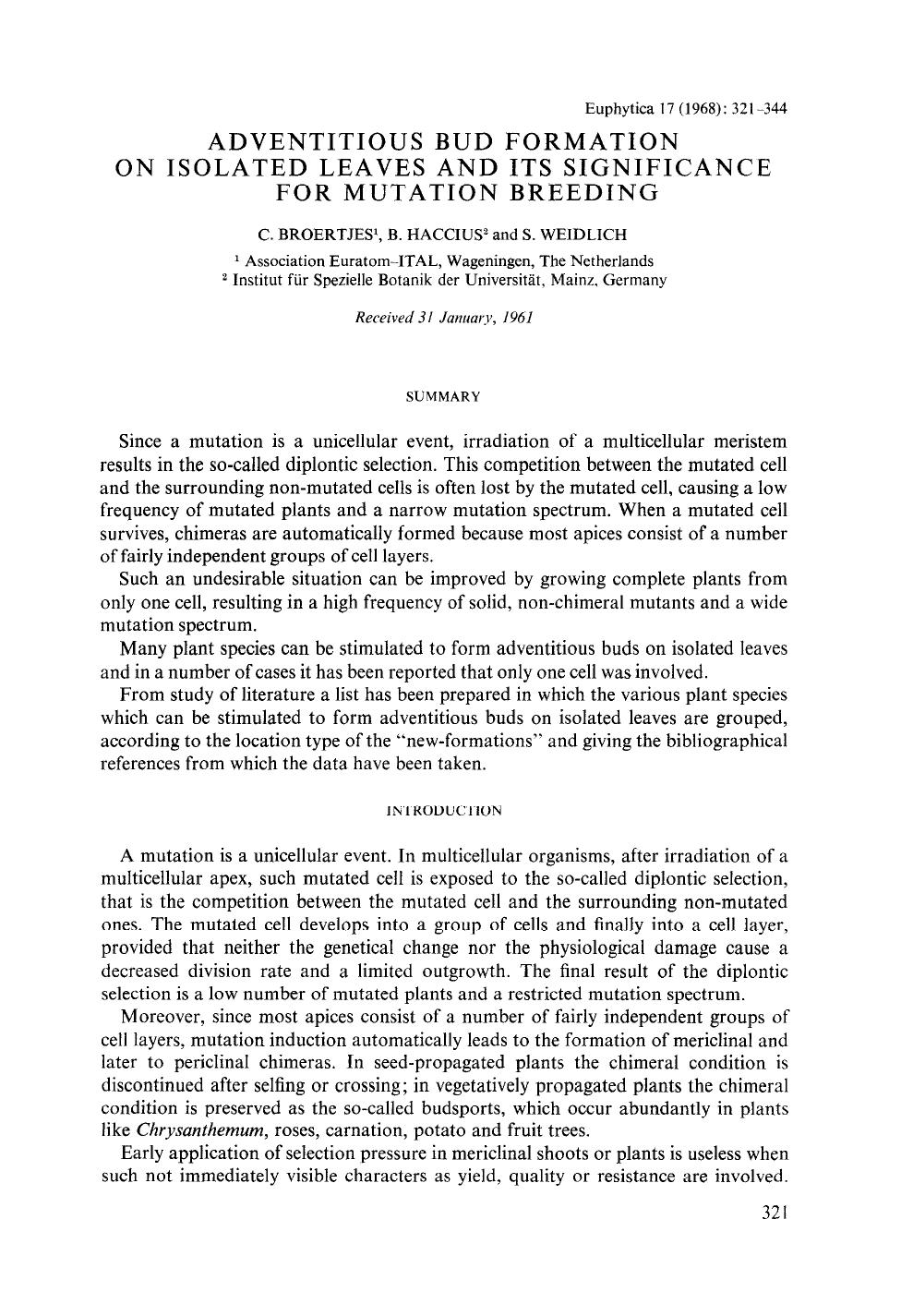 Adventitious bud formation on isolated leaves and its significance for mutation breeding by Unknown