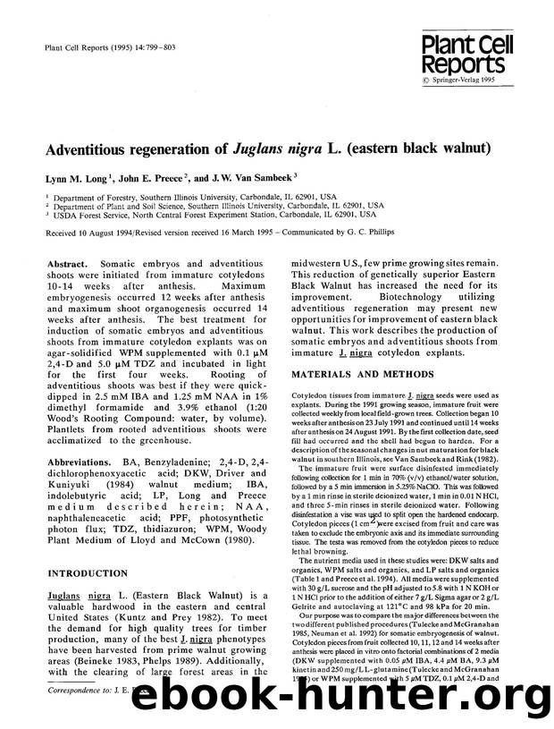 Adventitious regeneration of <Emphasis Type="Italic">Juglans nigra<Emphasis> L. (eastern black walnut) by Unknown