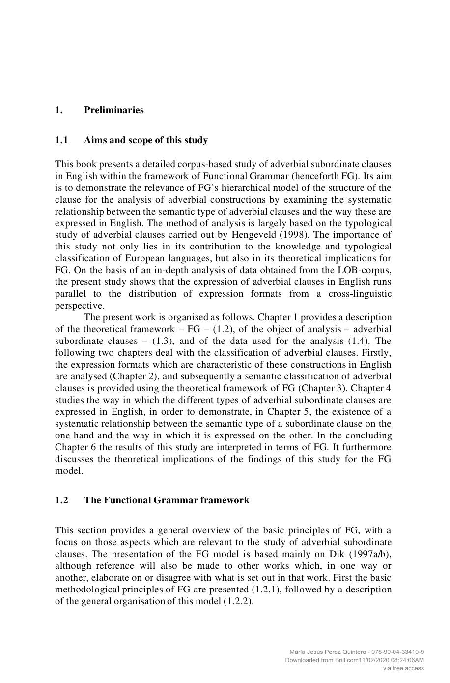Adverbial Subordination in English: A Functional Approach by Maria Jesus Perez Quintero