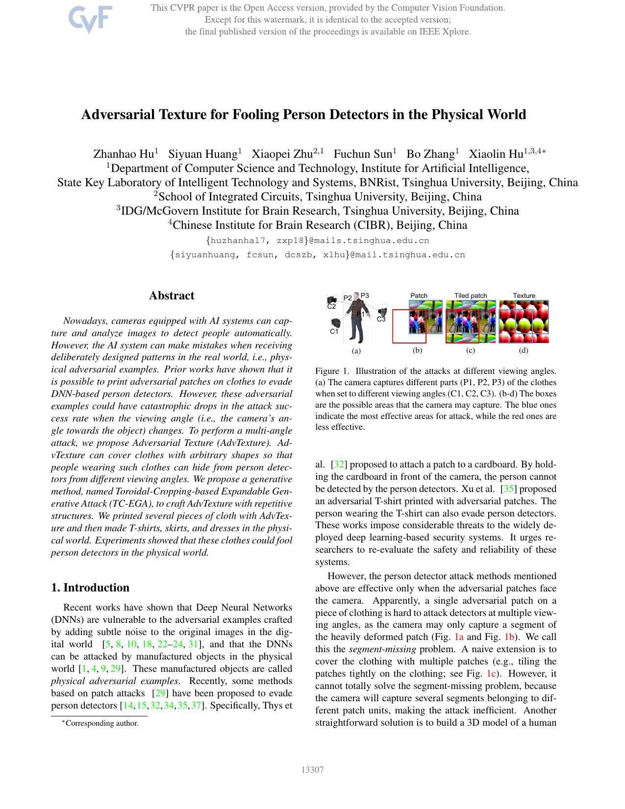 Adversarial Texture for Fooling Person Detectors in the Physical World by Zhanhao Hu & Siyuan Huang & Xiaopei Zhu & Fuchun Sun & Bo Zhang & Xiaolin Hu