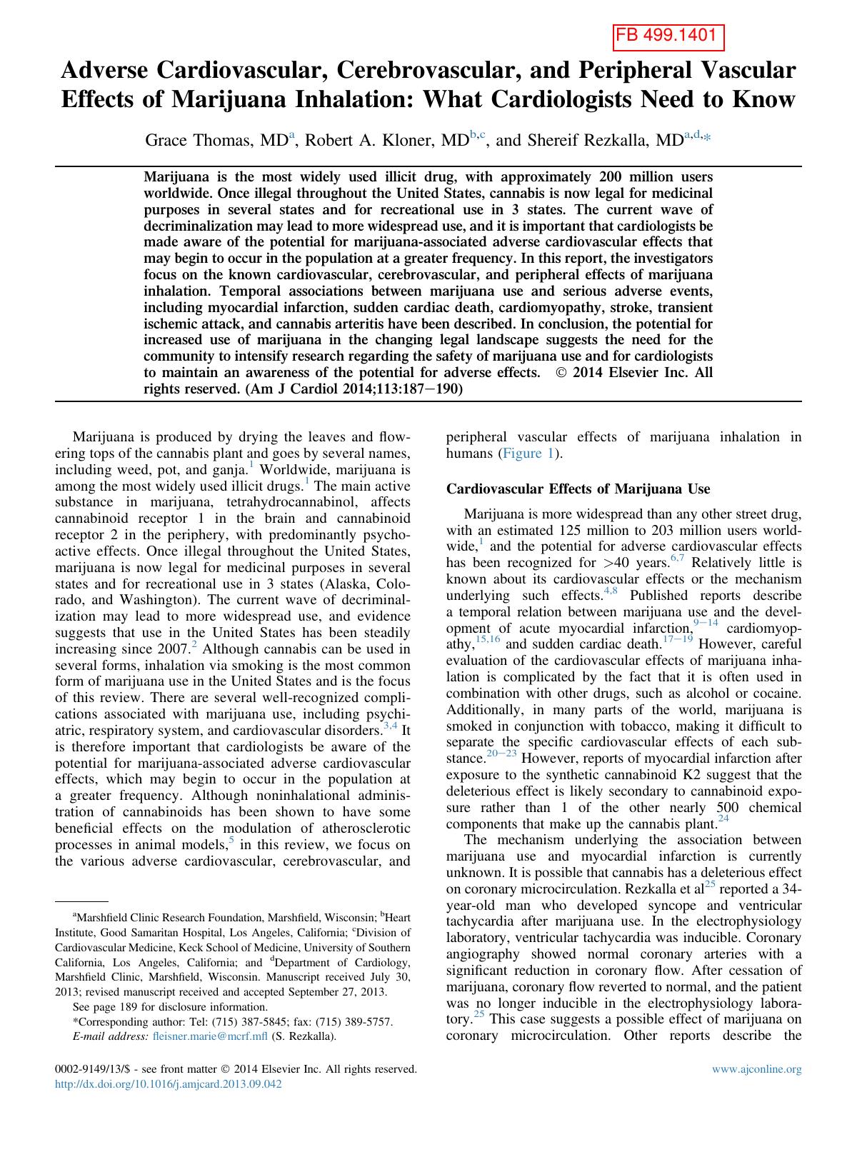 Adverse Cardiovascular, Cerebrovascular, and Peripheral Vascular Effects of Marijuana Inhalation: What Cardiologists Need to Know by Grace Thomas MD & Robert A. Kloner MD & Shereif Rezkalla MD
