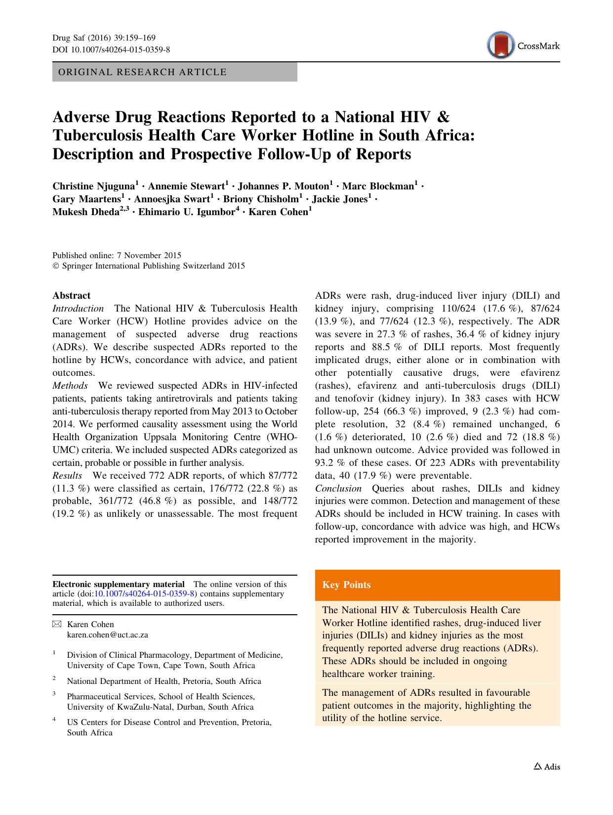 Adverse Drug Reactions Reported to a National HIV & Tuberculosis Health Care Worker Hotline in South Africa: Description and Prospective Follow-Up of Reports by unknow