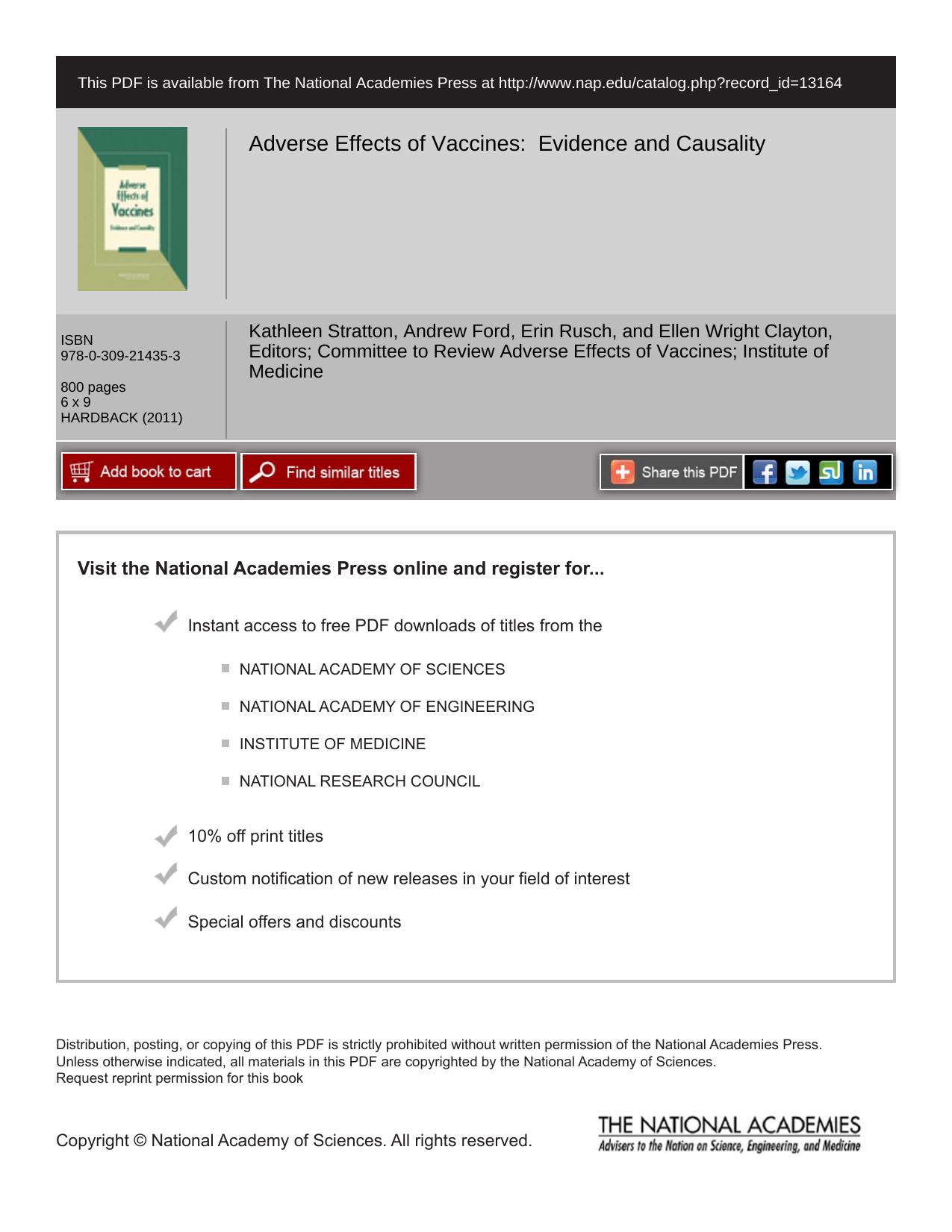 Adverse Effects of Vaccines by Evidence & Causality (2011) by Kathleen Stratton Andrew Ford Erin Rusch & Ellen Wright Clayton