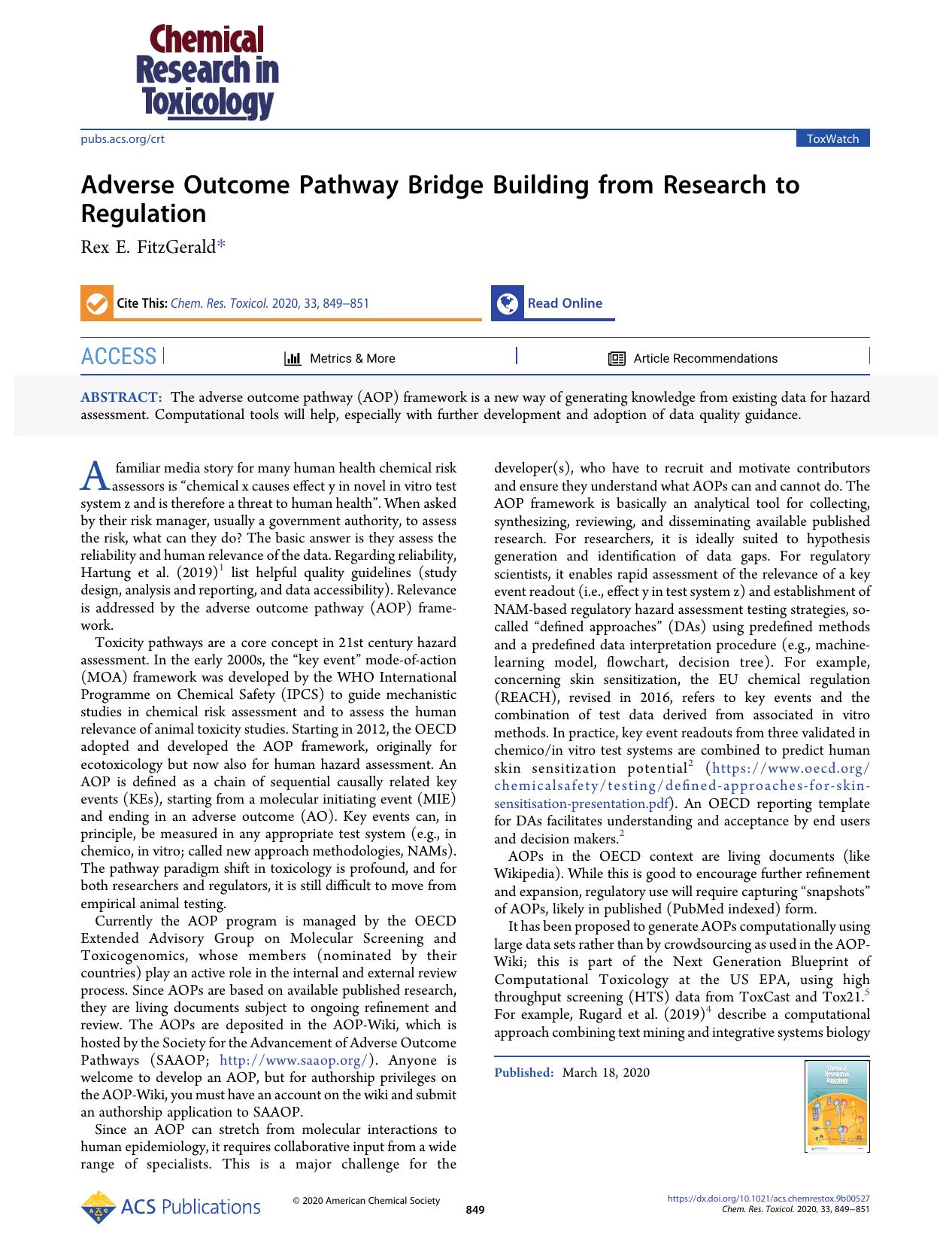 Adverse Outcome Pathway Bridge Building from Research to Regulation by Rex E. FitzGerald