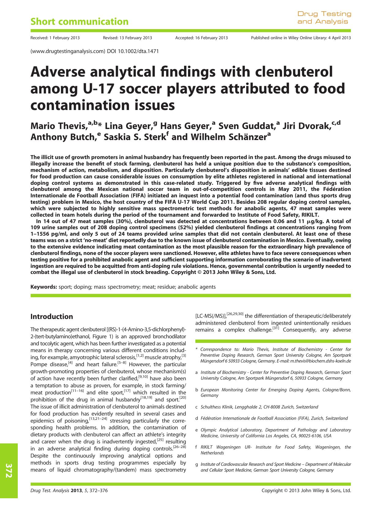 Adverse analytical findings with clenbuterol among U17 soccer players attributed to food contamination issues by Unknown