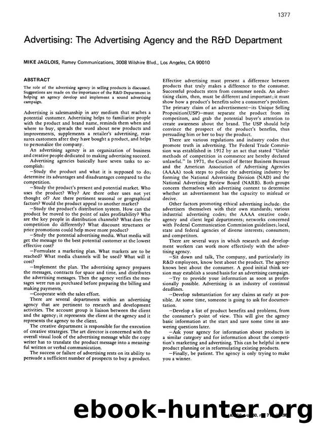 Advertising: The advertising agency and the r&amp;d department by Unknown