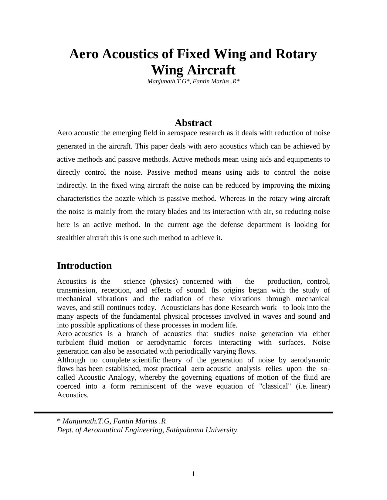Aero Acoustics of Fixed Wing and Rotary Wing Aircraft by manjunath and fantin marius