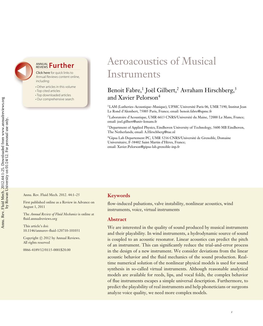 Aeroacoustics of Musical Instruments by Benoit Fabre 1 Joël Gilbert 2 Avraham Hirschberg 3 & Xavier Pelorson4