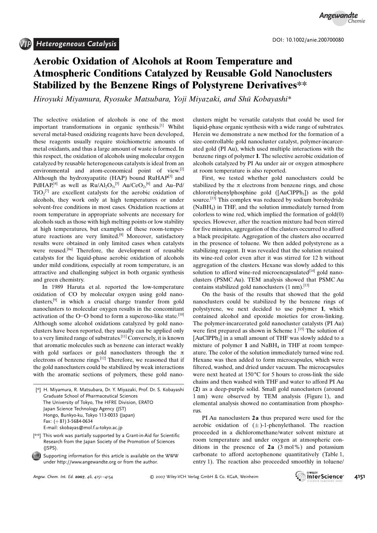 Aerobic Oxidation of Alcohols at Room Temperature and Atmospheric Conditions Catalyzed by Reusable Gold Nanoclusters Stabilized by the Benzene Rings of Polystyrene Derivatives by Unknown