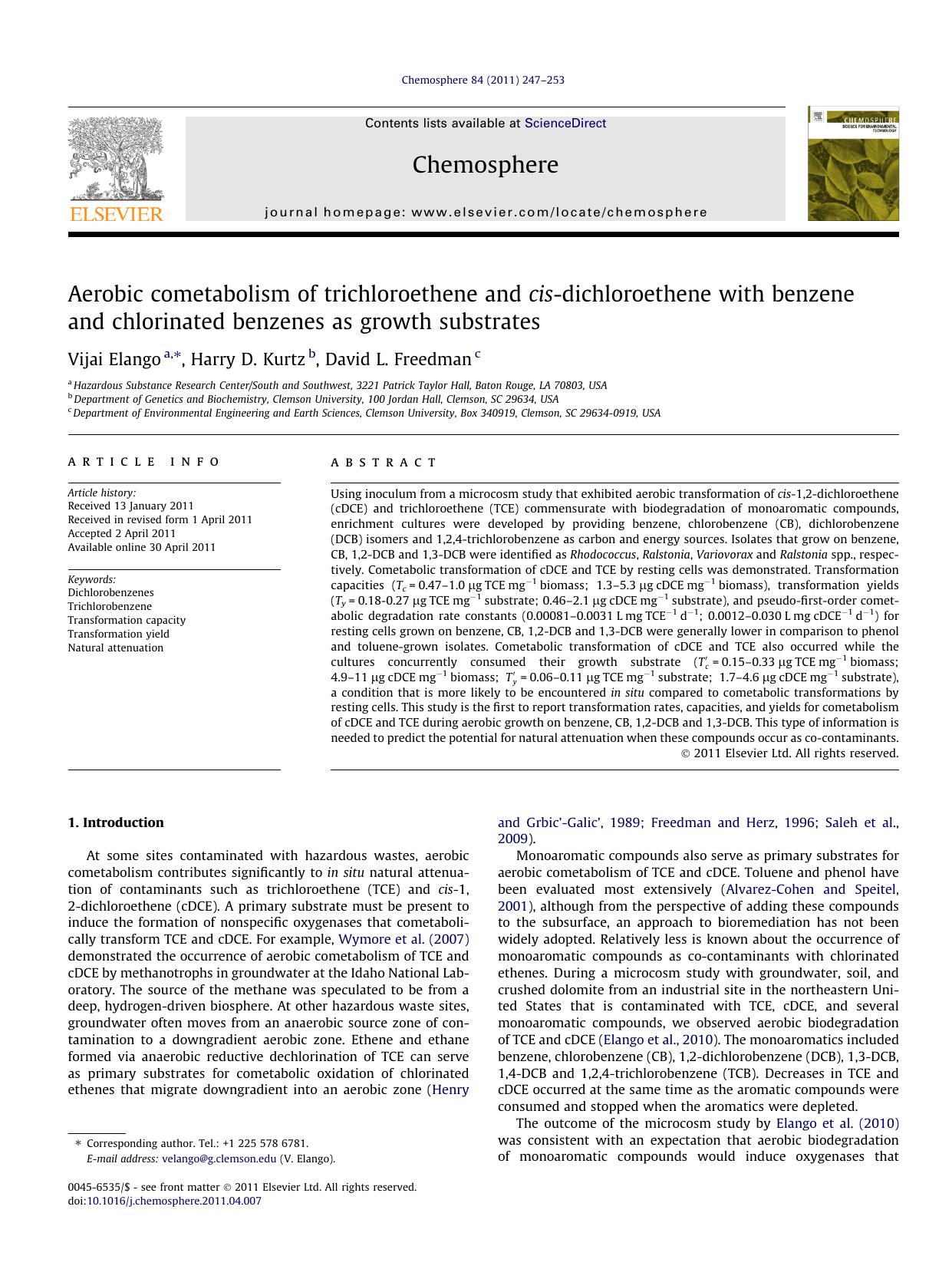 Aerobic cometabolism of trichloroethene and cis-dichloroethene with benzene and chlorinated benzenes as growth substrates by Vijai Elango & Harry D. Kurtz & David L. Freedman