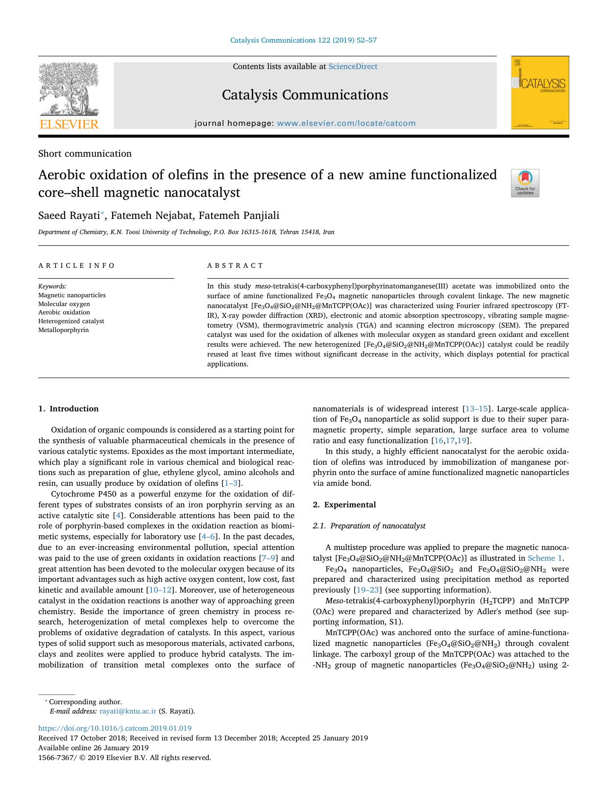 Aerobic oxidation of olefins in the presence of a new amine functionalized coreâshell magnetic nanocatalyst by Saeed Rayati & Fatemeh Nejabat & Fatemeh Panjiali