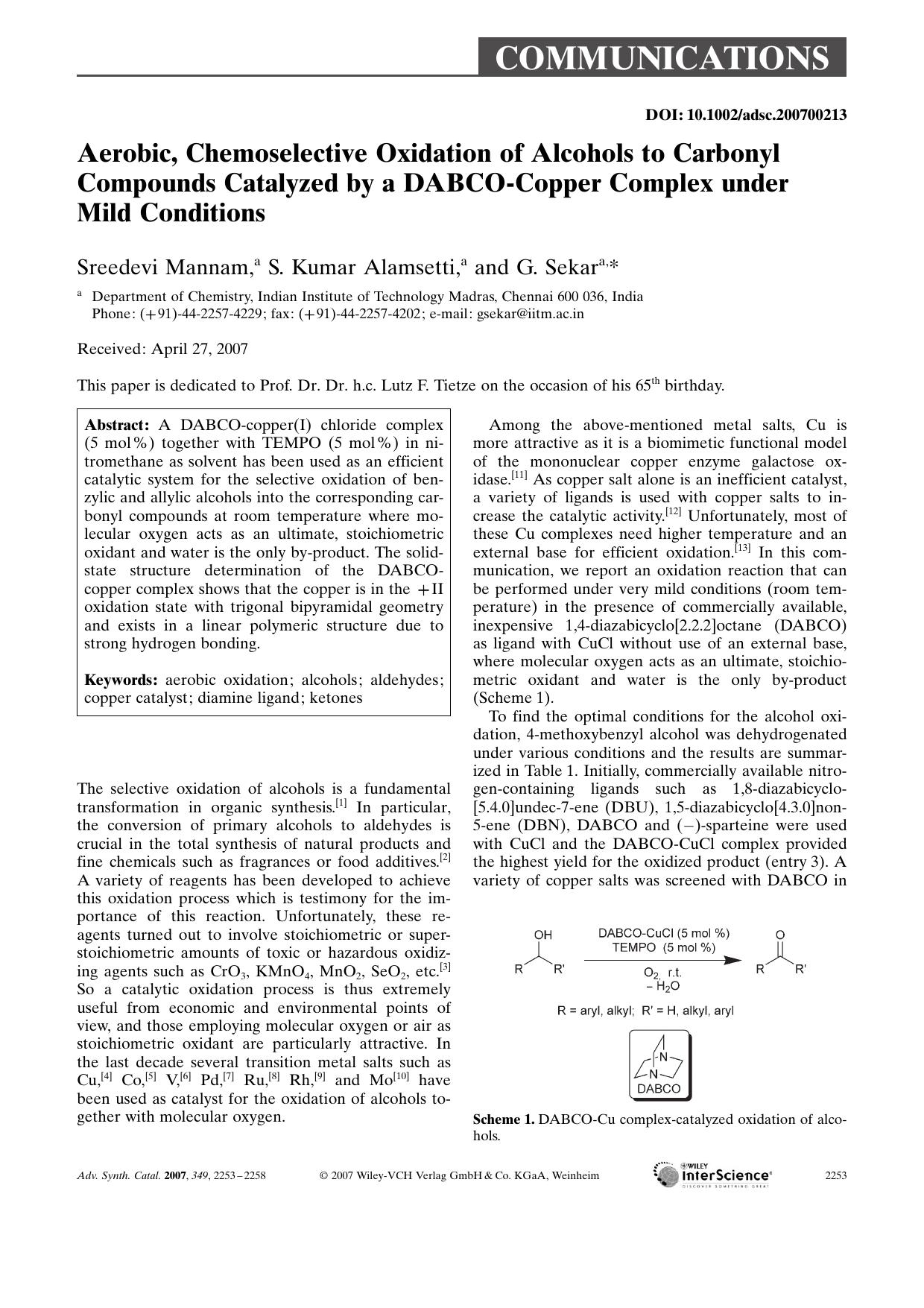 Aerobic, Chemoselective Oxidation of Alcohols to Carbonyl Compounds Catalyzed by a DABCO-Copper Complex under Mild Conditions by Unknown