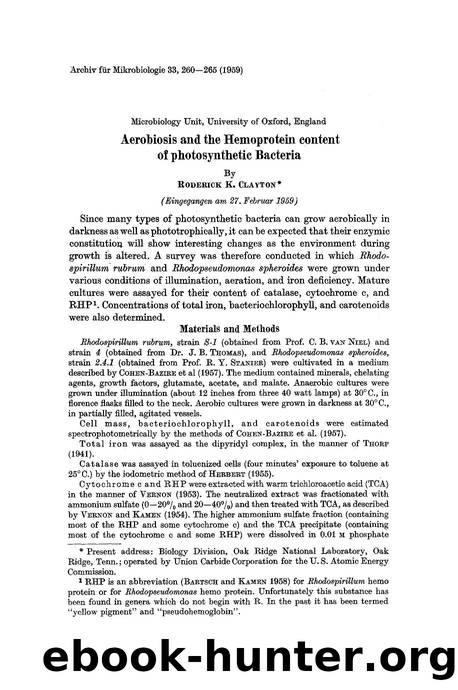 Aerobiosis and the hemoprotein content of photosynthetic bacteria by Unknown