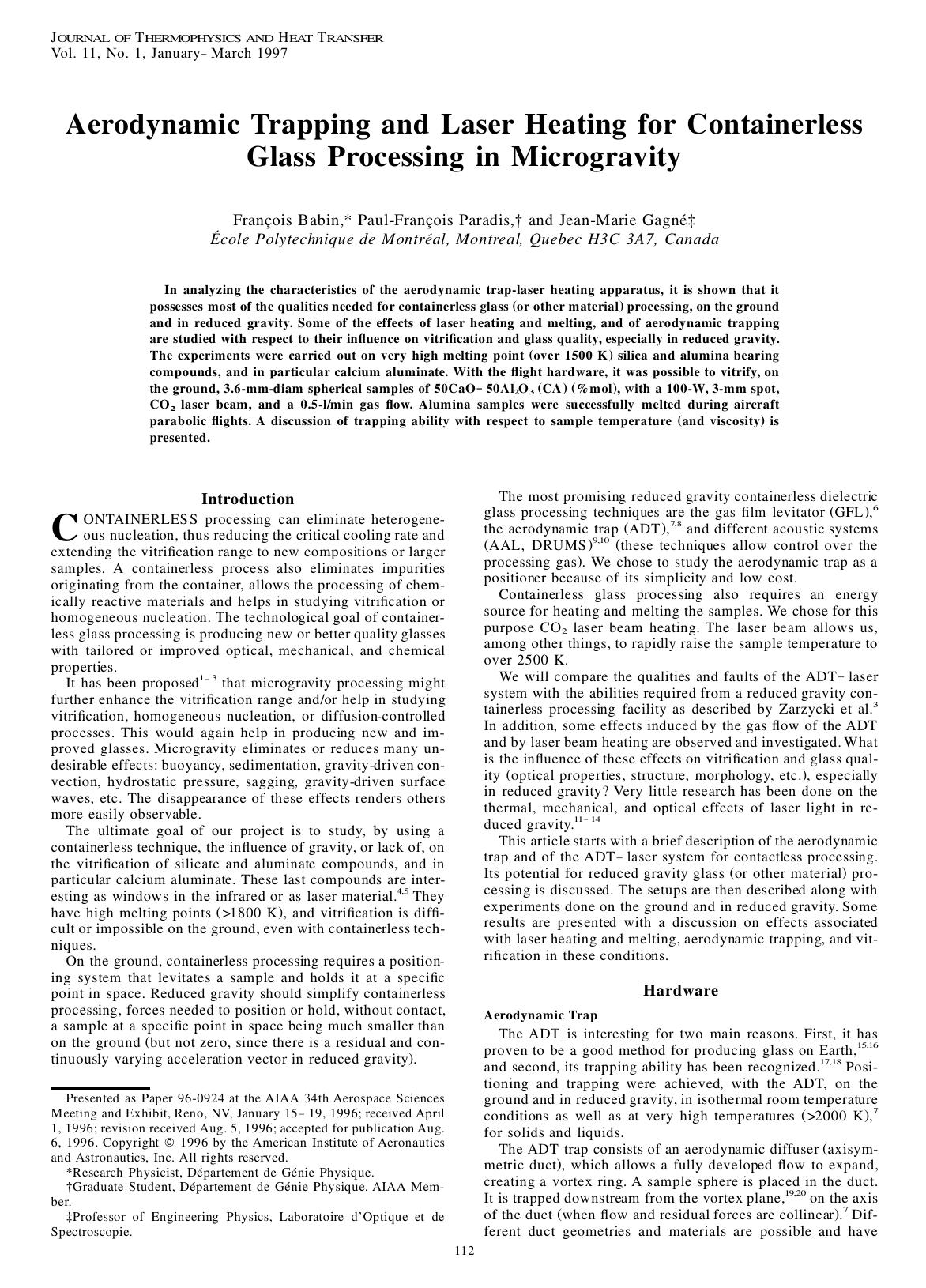 Aerodynamic Trapping and Laser Heating for Containerless Glass Processing in Microgravity by Unknown