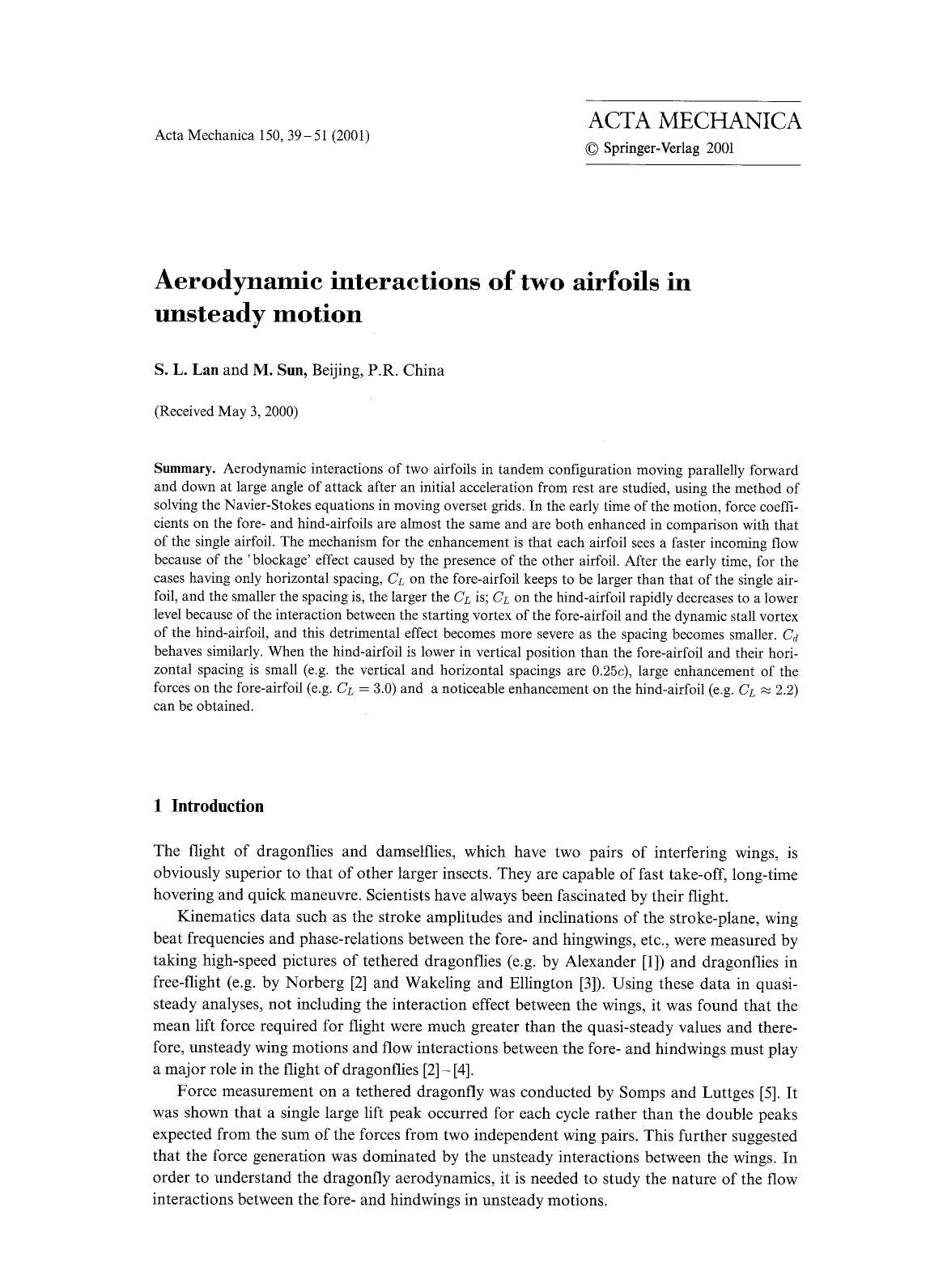Aerodynamic interactions of two airfoils in unsteady motion by Unknown