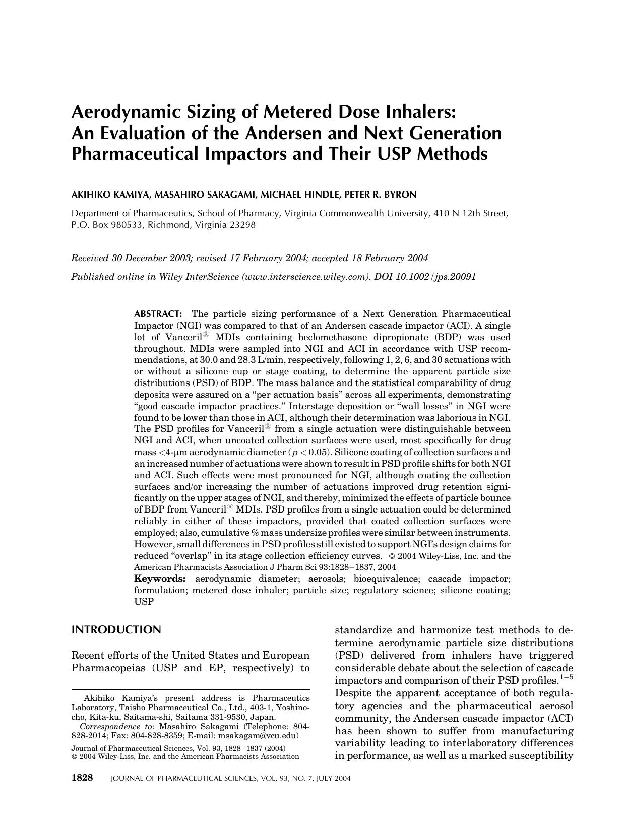 Aerodynamic sizing of metered dose inhalers: An evaluation of the andersen and next generation pharmaceutical impactors and their USP methods by Unknown