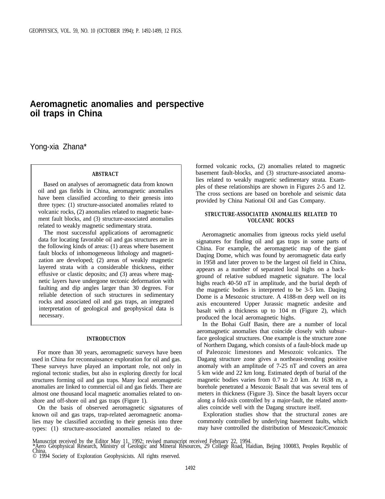 Aeromagnetic anomalies and prospective oil traps in China by Y.-X. Zhang