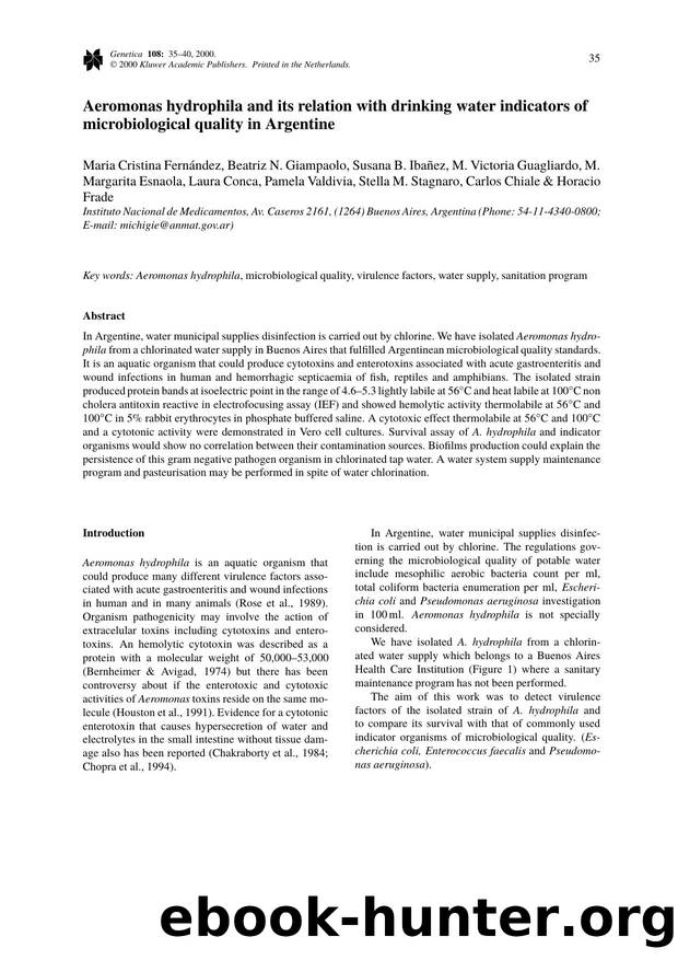 Aeromonas Hydrophila and its Relation with Drinking Water Indicators of Microbiological Quality in Argentine by Unknown