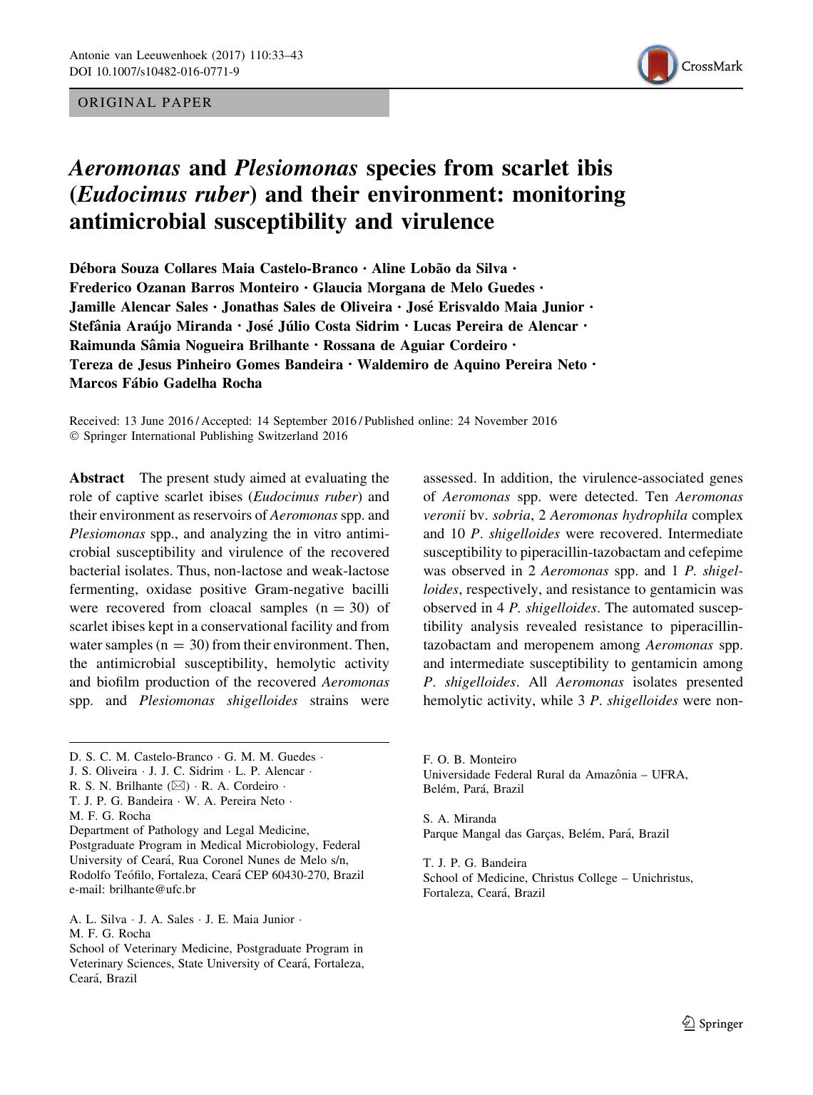 Aeromonas and Plesiomonas species from scarlet ibis (Eudocimus ruber) and their environment: monitoring antimicrobial susceptibility and virulence by unknow