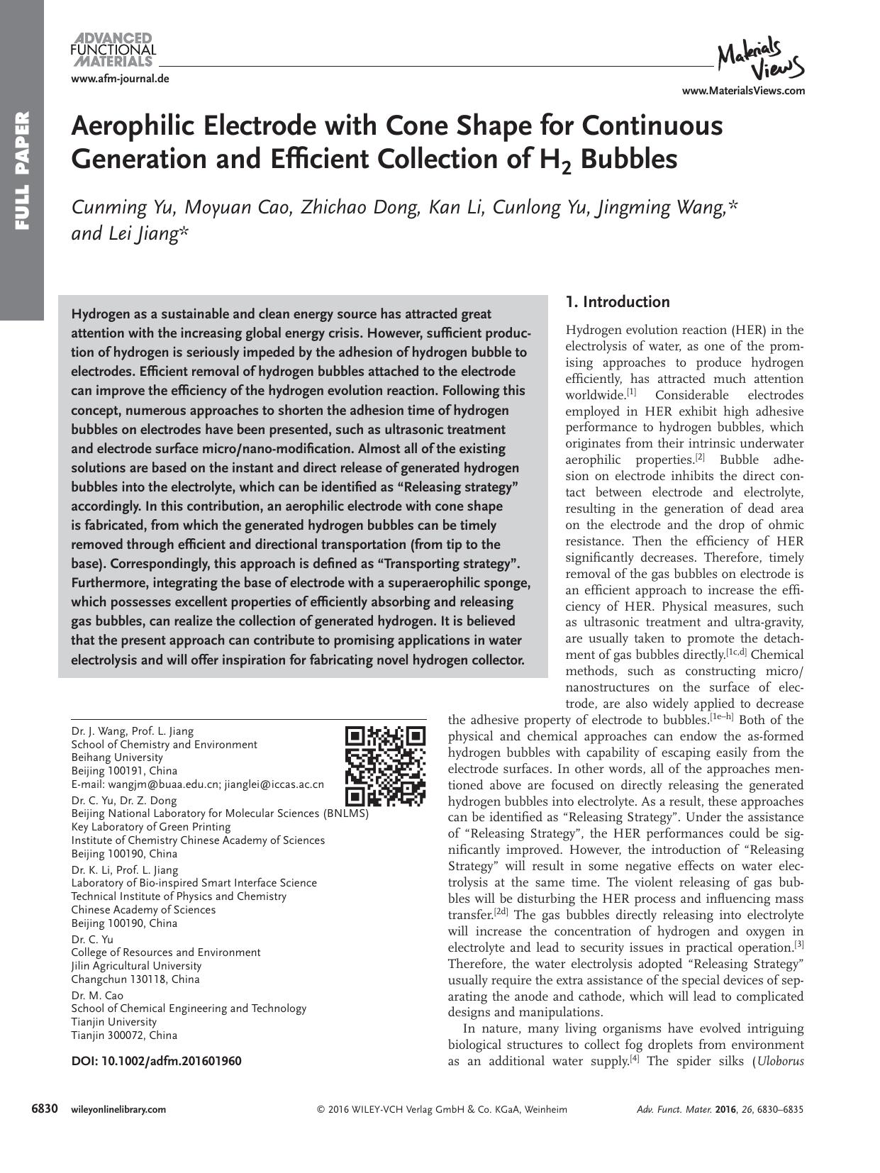 Aerophilic Electrode with Cone Shape for Continuous Generation and Efficient Collection of H<sub>2<sub> Bubbles by Unknown