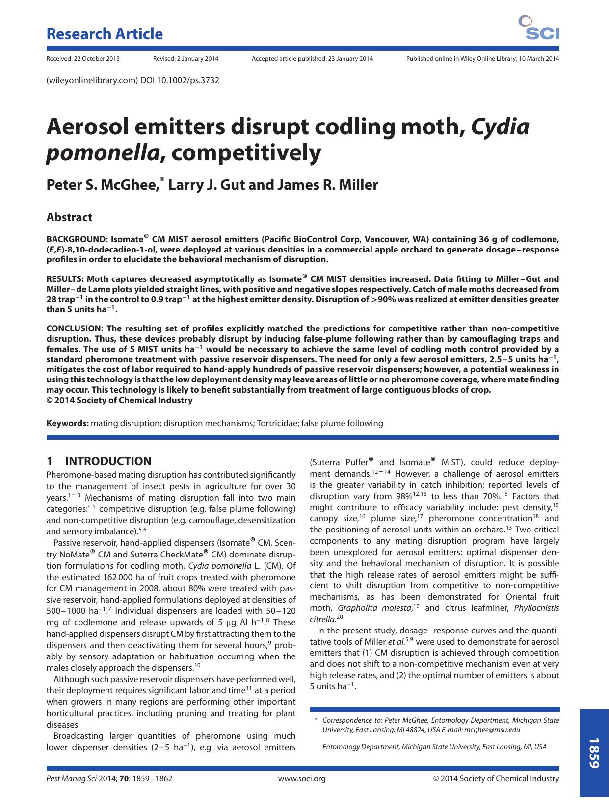 Aerosol emitters disrupt codling moth, Cydia pomonella, competitively by Unknown