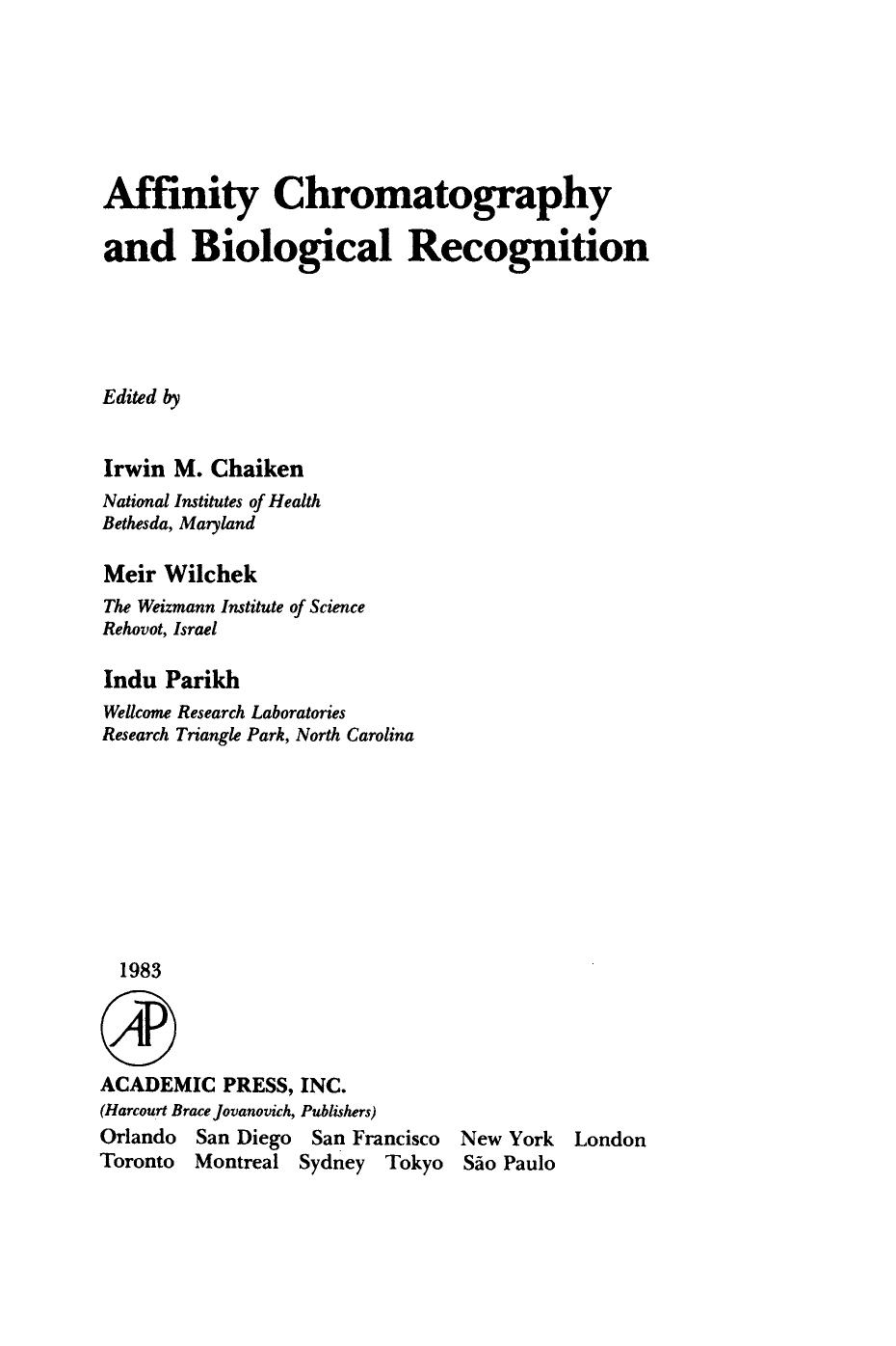 Affinity Chromatography and Biological Recognition by Irwin Chaiken (Eds.)