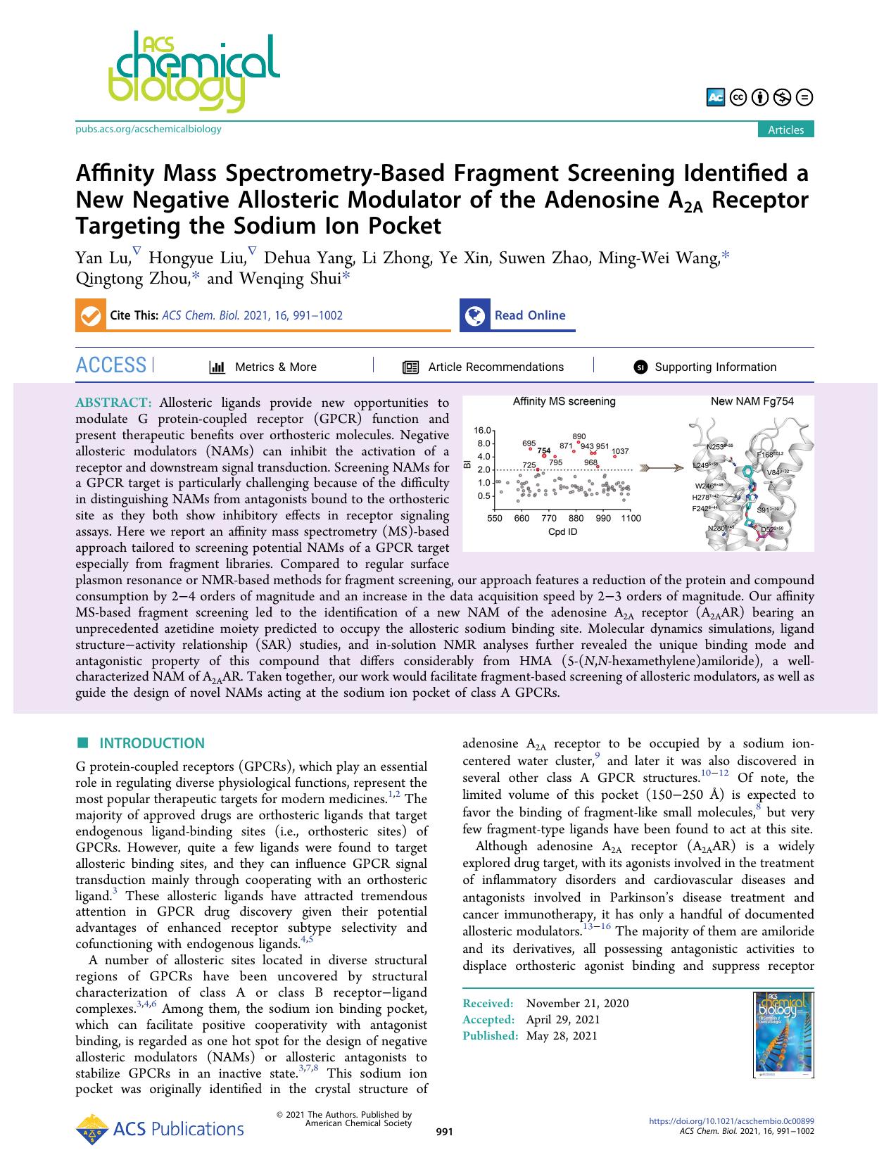 Affinity Mass Spectrometry-Based Fragment Screening Identified a New Negative Allosteric Modulator of the Adenosine A2A Receptor Targeting the Sodium Ion Pocket by unknow