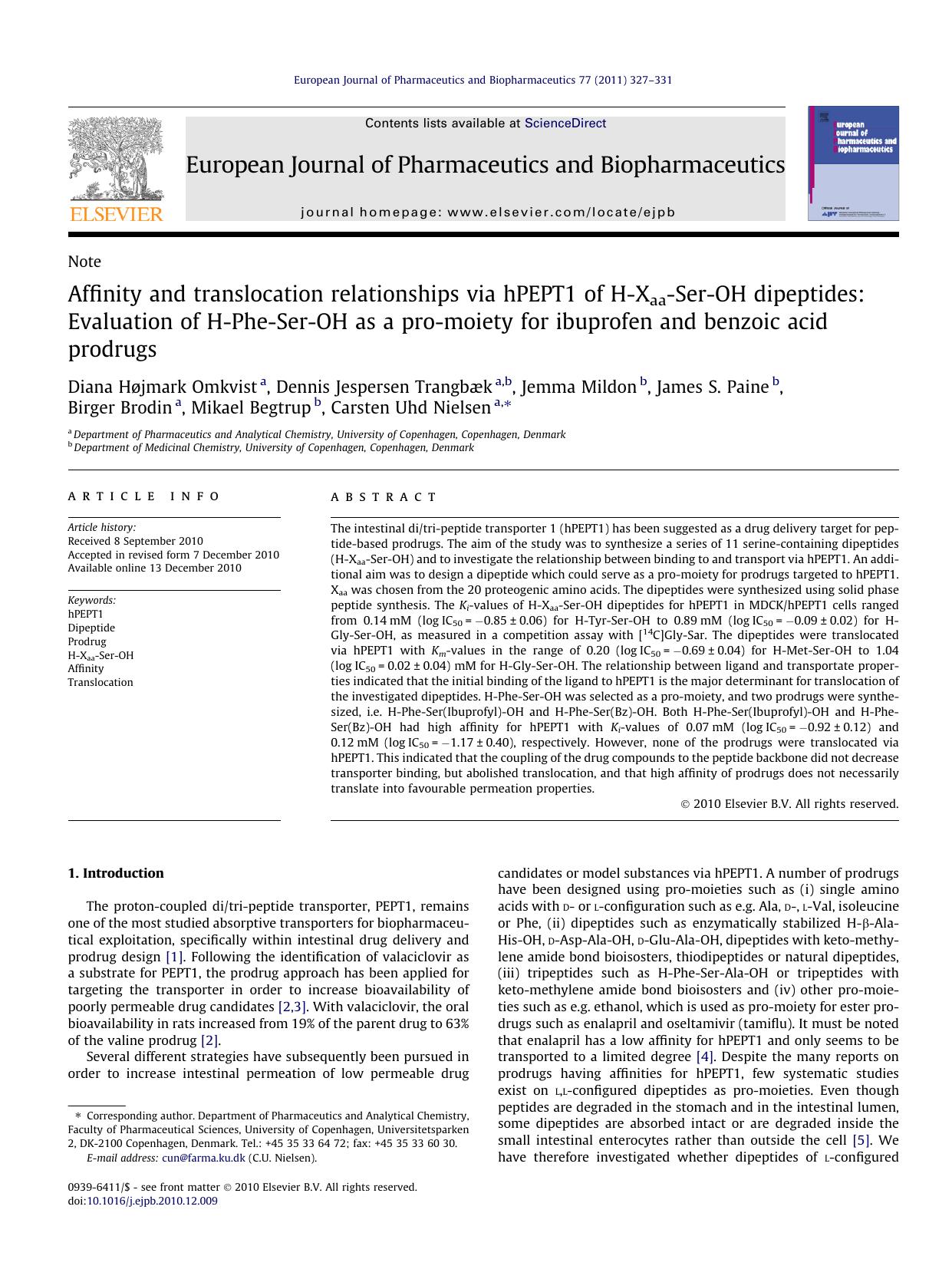 Affinity and translocation relationships via hPEPT1 of H-Xaa-Ser-OH dipeptides: Evaluation of H-Phe-Ser-OH as a pro-moiety for ibuprofen and benzoic acid prodrugs by unknow