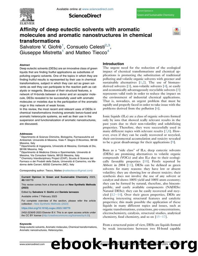 Affinity of deep eutectic solvents with aromatic molecules and aromatic nanostructures in chemical transformations by Salvatore V. Giofrè & Consuelo Celesti & Giuseppe Mistretta & Matteo Tiecco