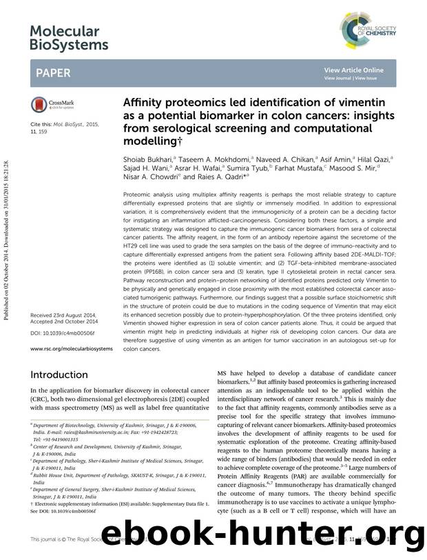 Affinity proteomics led identification of vimentin as a potential biomarker in colon cancers: insights from serological screening and computational modelling by unknow
