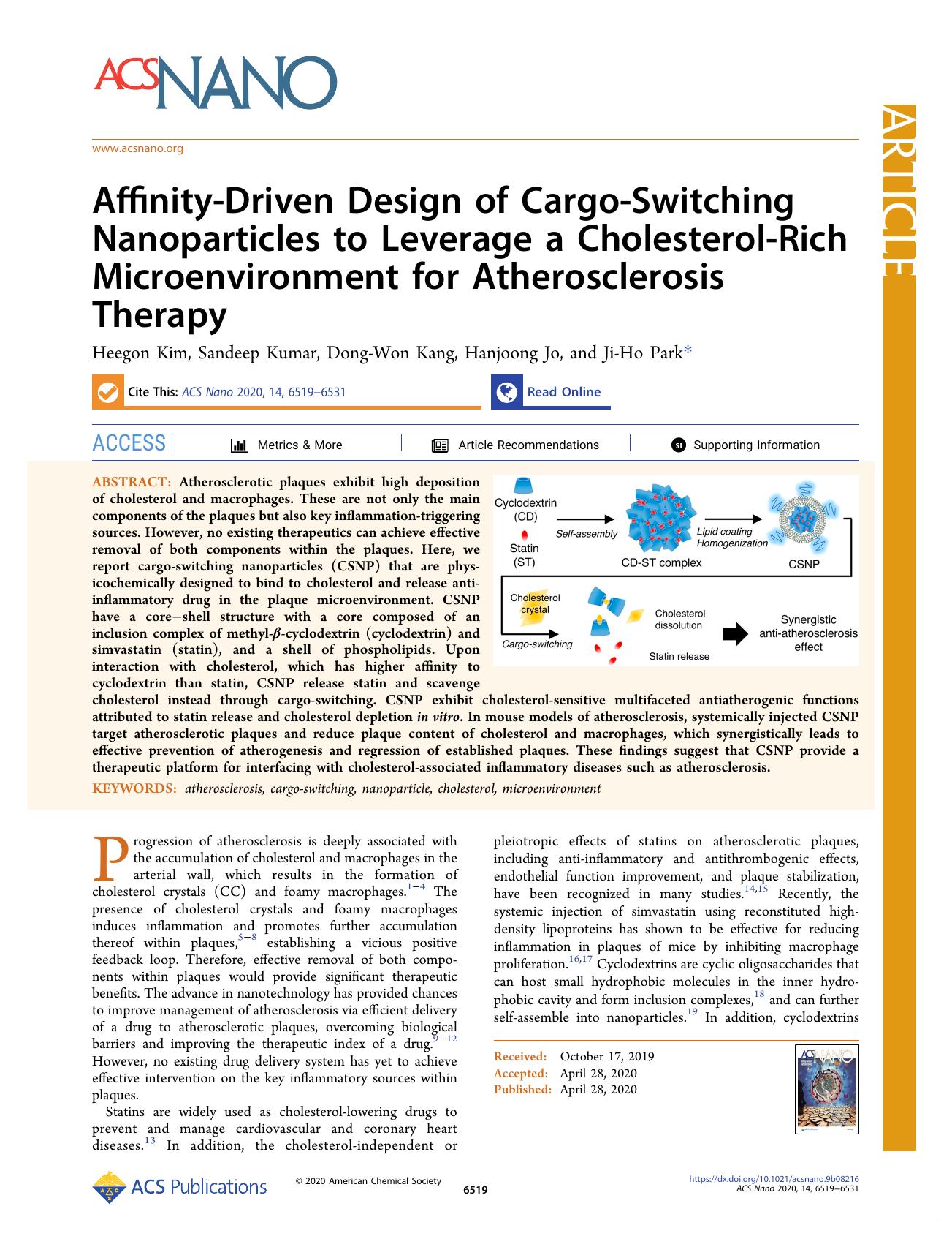 Affinity-Driven Design of Cargo-Switching Nanoparticles to Leverage a Cholesterol-Rich Microenvironment for Atherosclerosis Therapy by Heegon Kim Sandeep Kumar Dong-Won Kang Hanjoong Jo and Ji-Ho Park