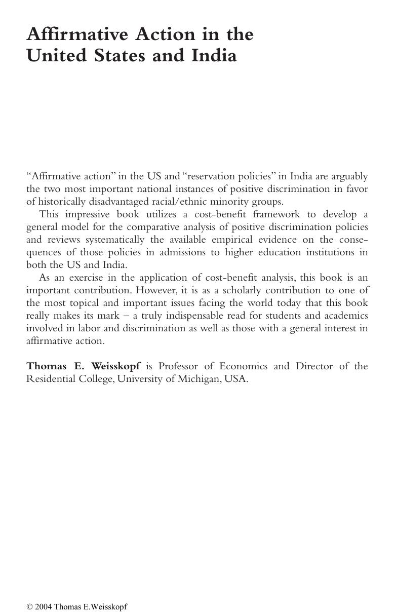 Affirmative Action in the United States and India (Routledge Frontiers of Political Economy, 56) by Thoma Weisskopf