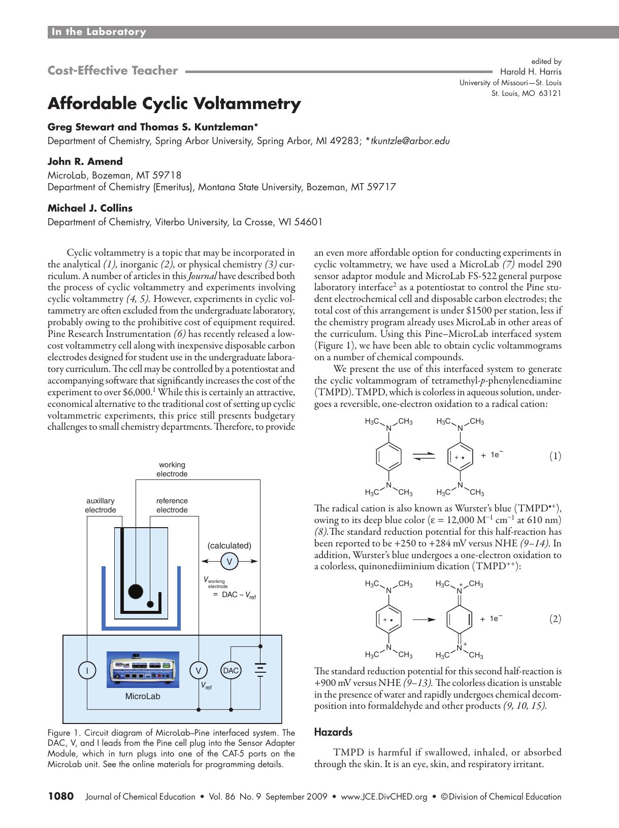 Affordable Cyclic Voltammetry by Greg Stewart John R. Amend Michael J. Collins and Thomas S. Kuntzleman
