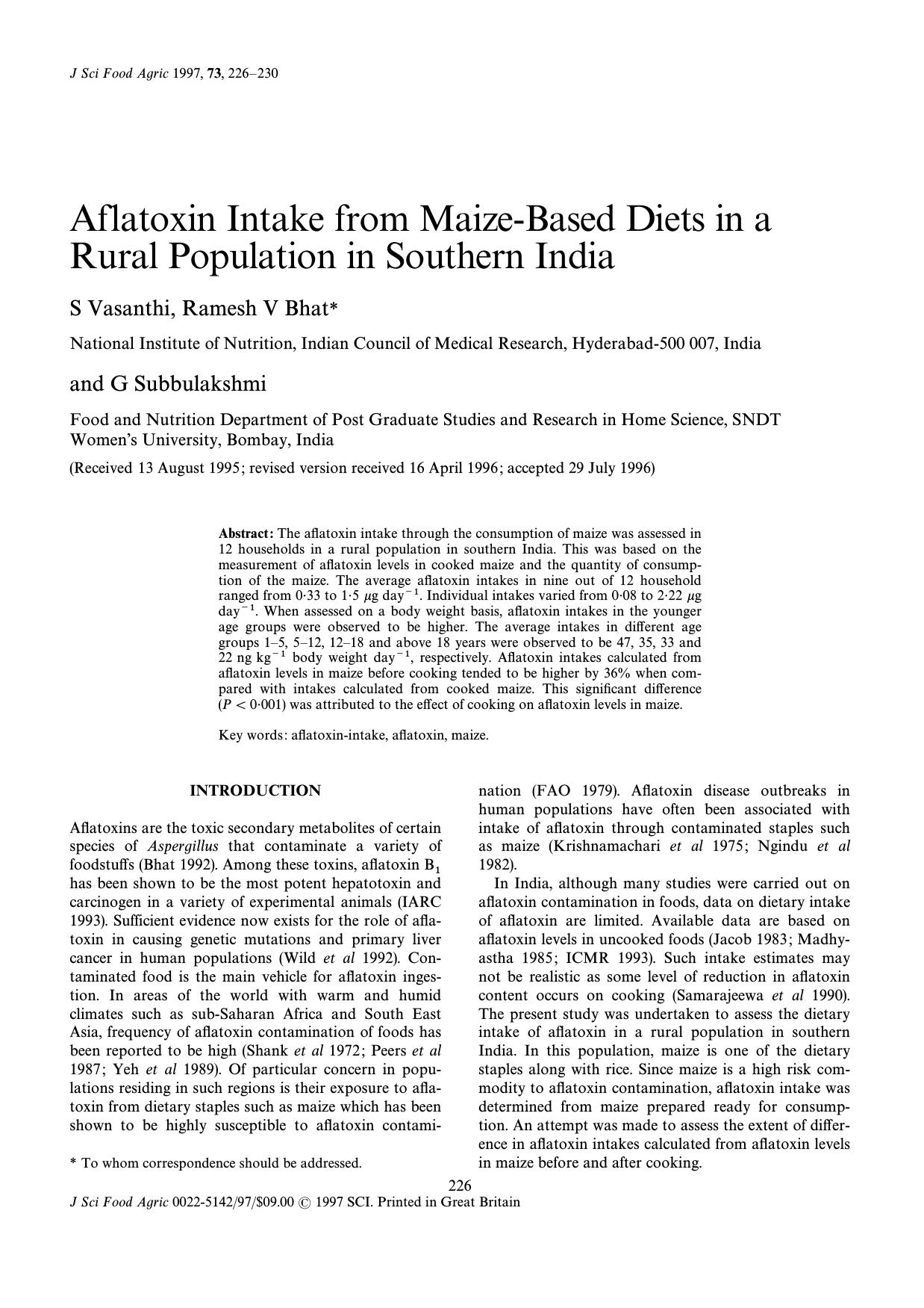 Aflatoxin Intake from Maize-Based Diets in a Rural Population in Southern India by Unknown